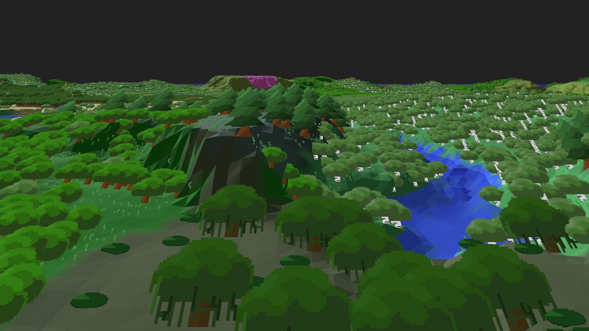 Near-horizontal 3D view from spawn looking at the surrounding terrain