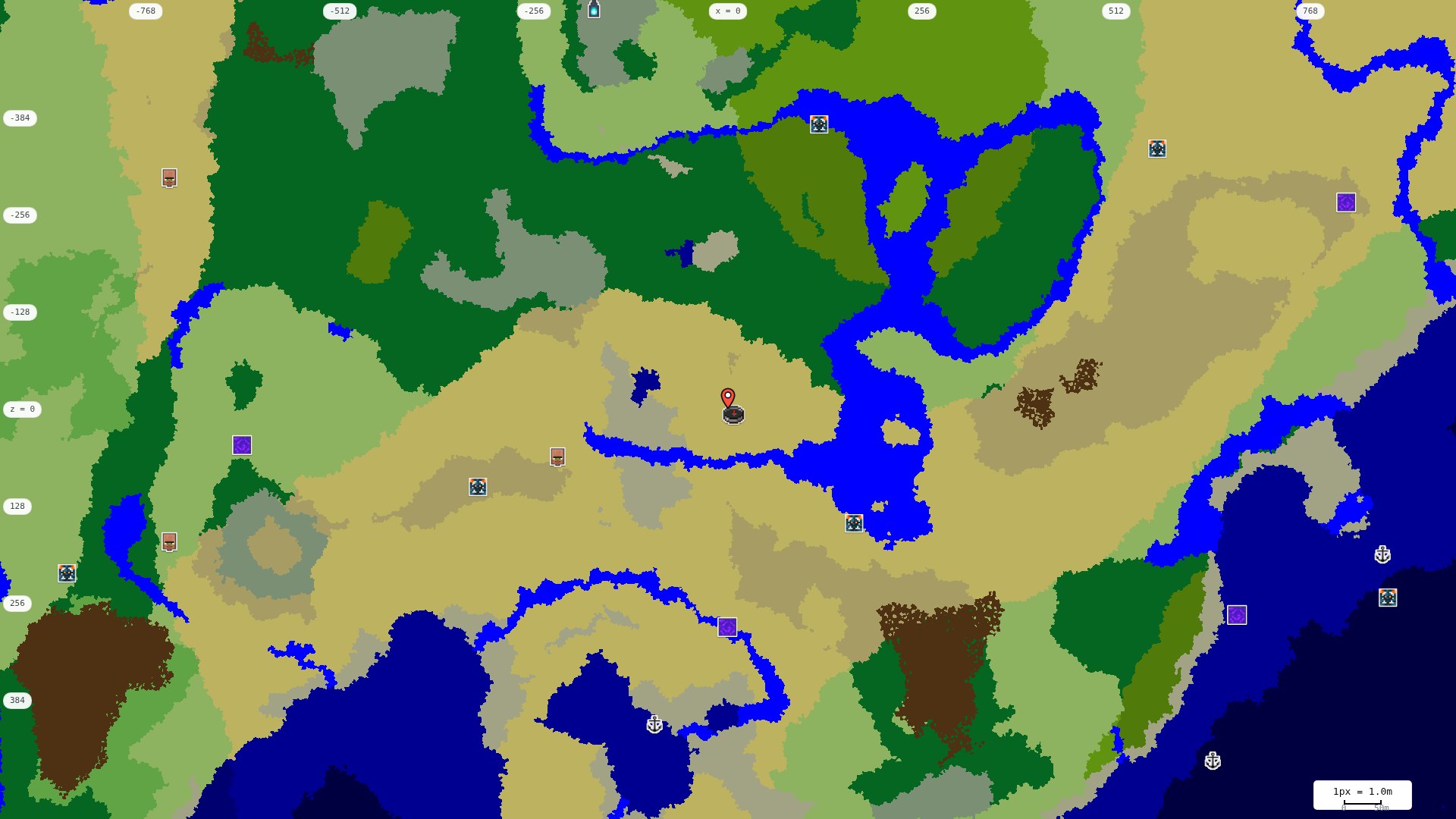 Top-down structures map: village, pillager outpost, ruined portal, shipwreck, woodland mansion, ocean monument, trial chambers, ancient city, desert pyramid, jungle temple, trail ruins