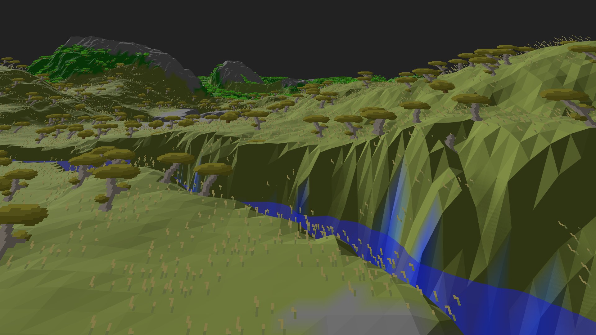 Near-horizontal 3D view from spawn looking at the surrounding terrain