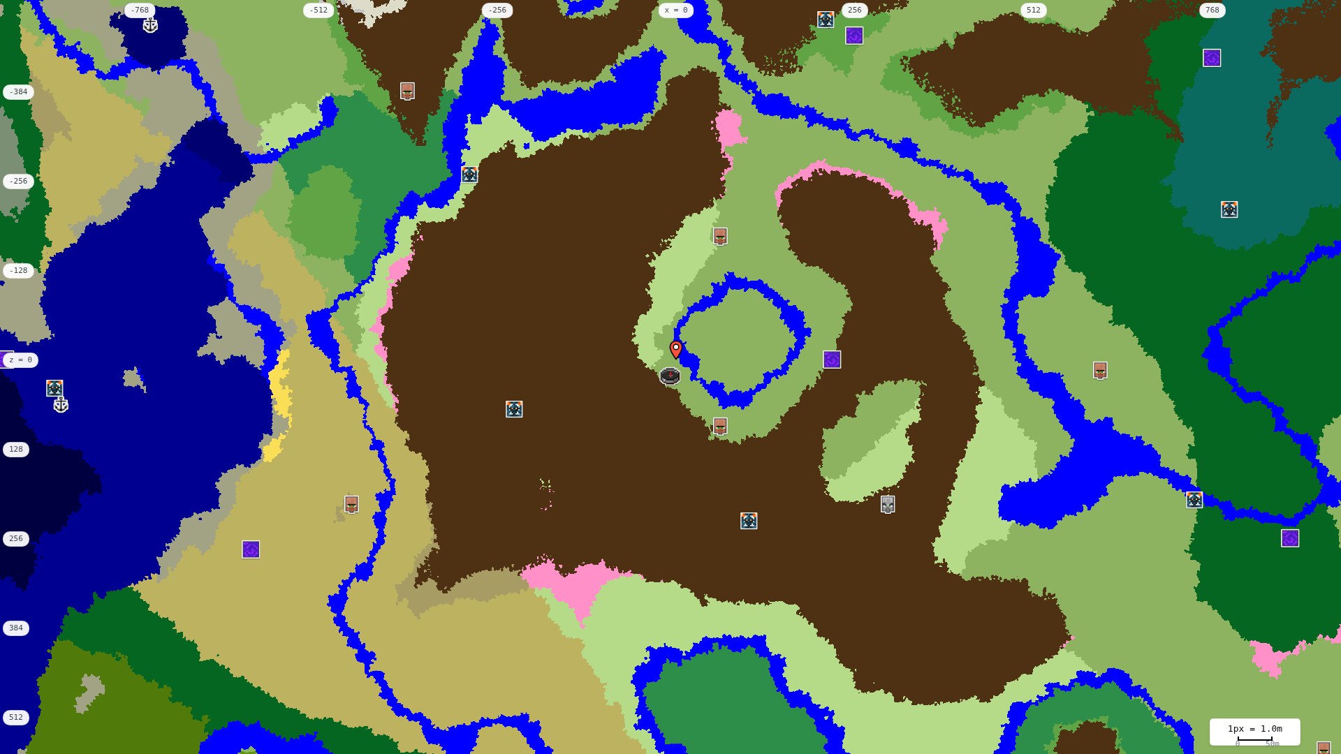 Top-down structures map: village, pillager outpost, ruined portal, shipwreck, woodland mansion, ocean monument, trial chambers, ancient city, desert pyramid, jungle temple, trail ruins