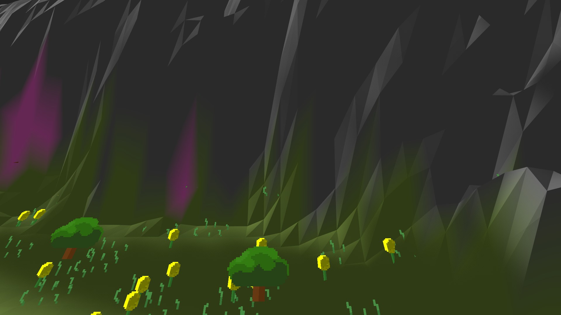 Near-horizontal 3D view from spawn looking at the surrounding terrain
