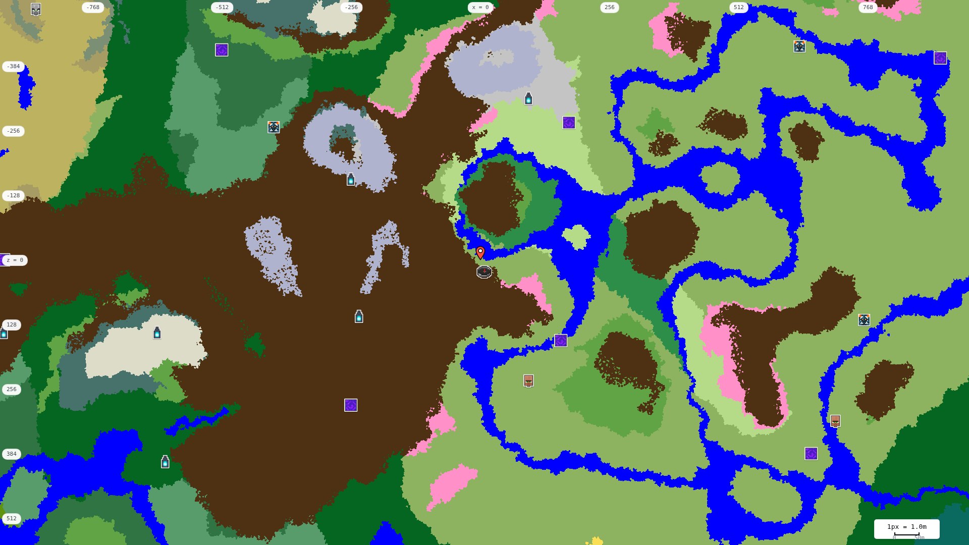 Top-down structures map: village, pillager outpost, ruined portal, shipwreck, woodland mansion, ocean monument, trial chambers, ancient city, desert pyramid, jungle temple, trail ruins