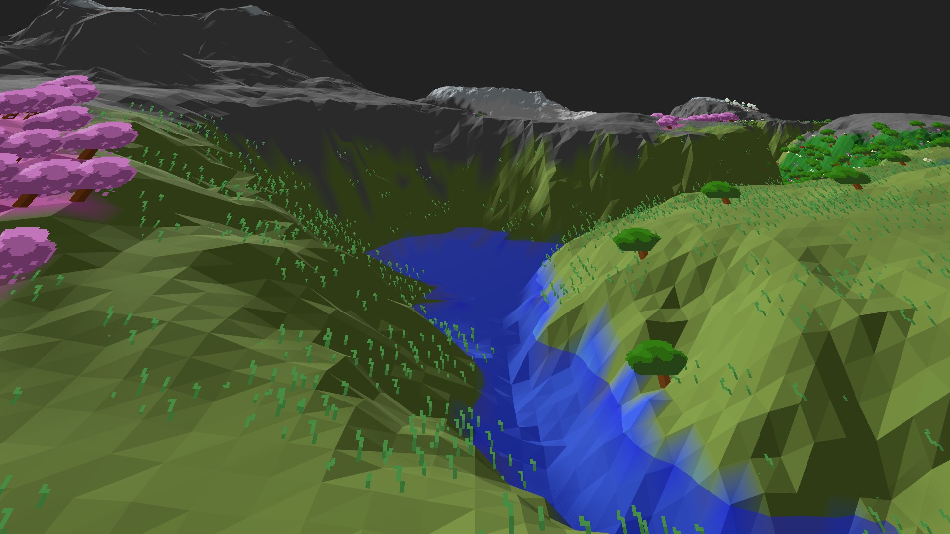 Near-horizontal 3D view from spawn looking at the surrounding terrain