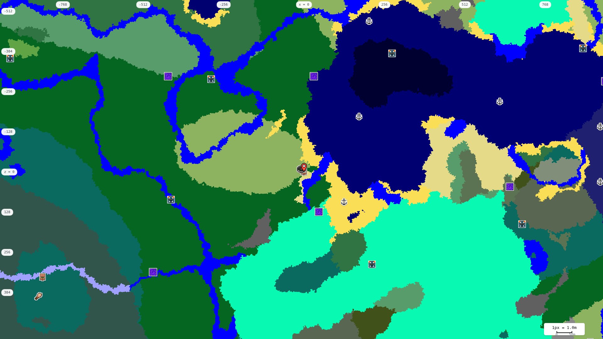Top-down structures map: village, pillager outpost, ruined portal, shipwreck, woodland mansion, ocean monument, trial chambers, ancient city, desert pyramid, jungle temple, trail ruins
