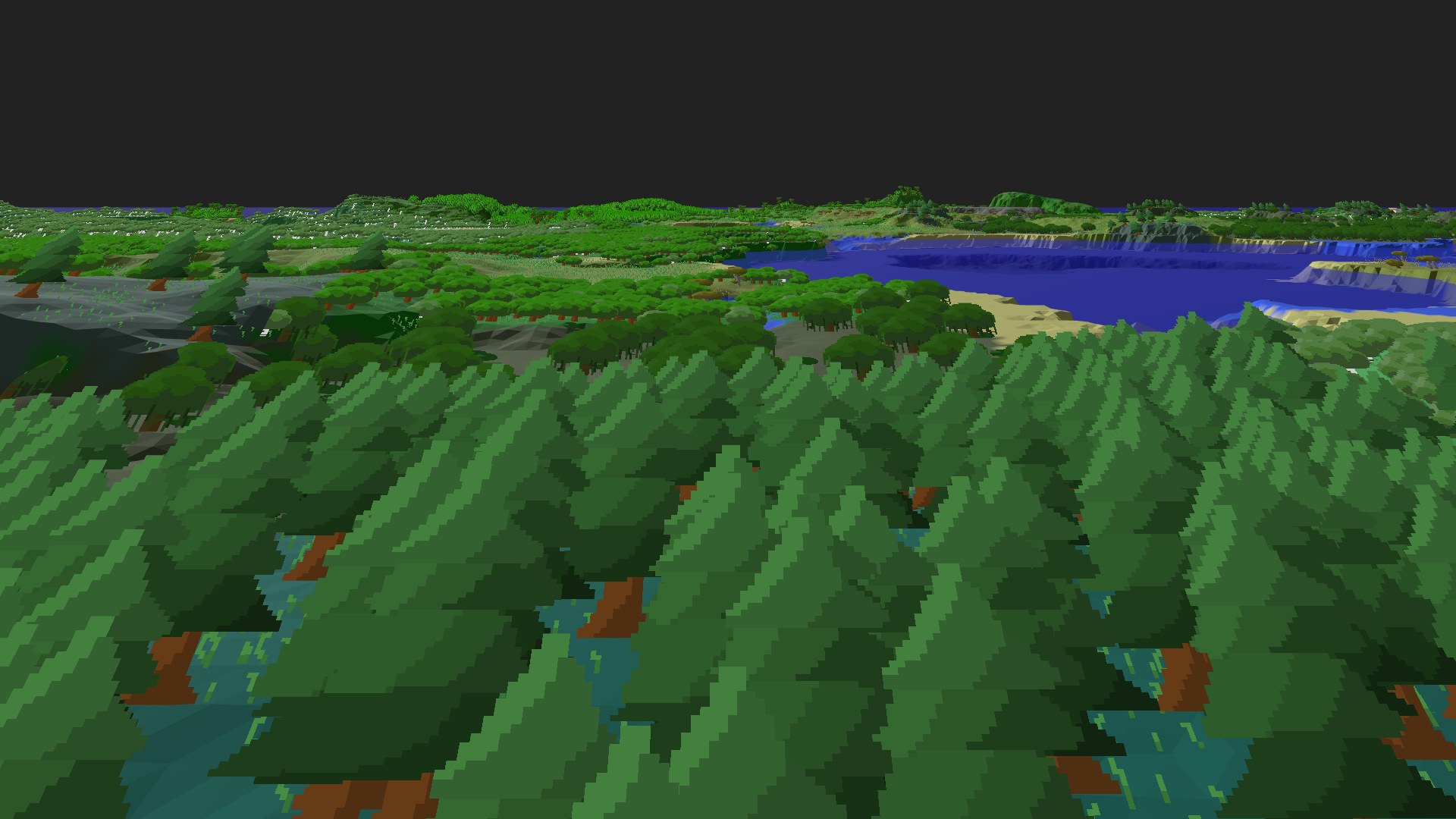 Near-horizontal 3D view from spawn looking at the surrounding terrain