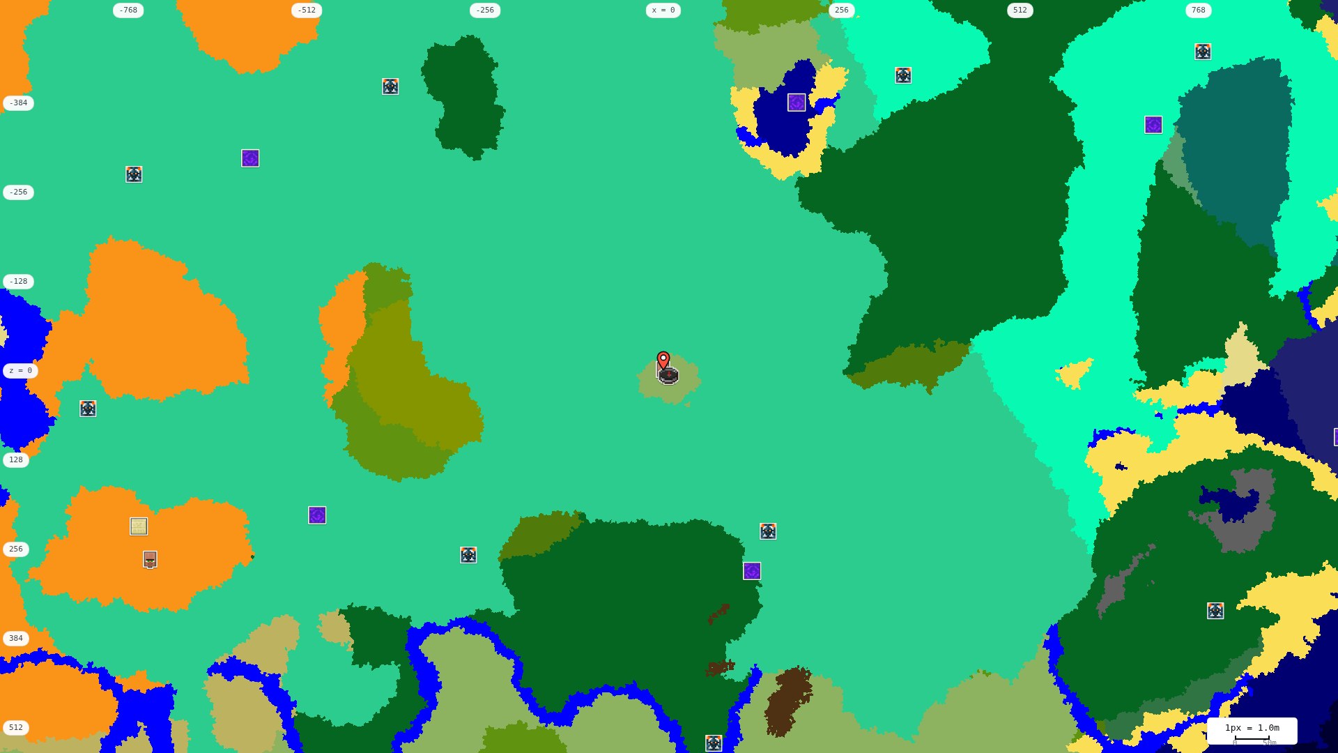 Top-down structures map: village, pillager outpost, ruined portal, shipwreck, woodland mansion, ocean monument, trial chambers, ancient city, desert pyramid, jungle temple, trail ruins