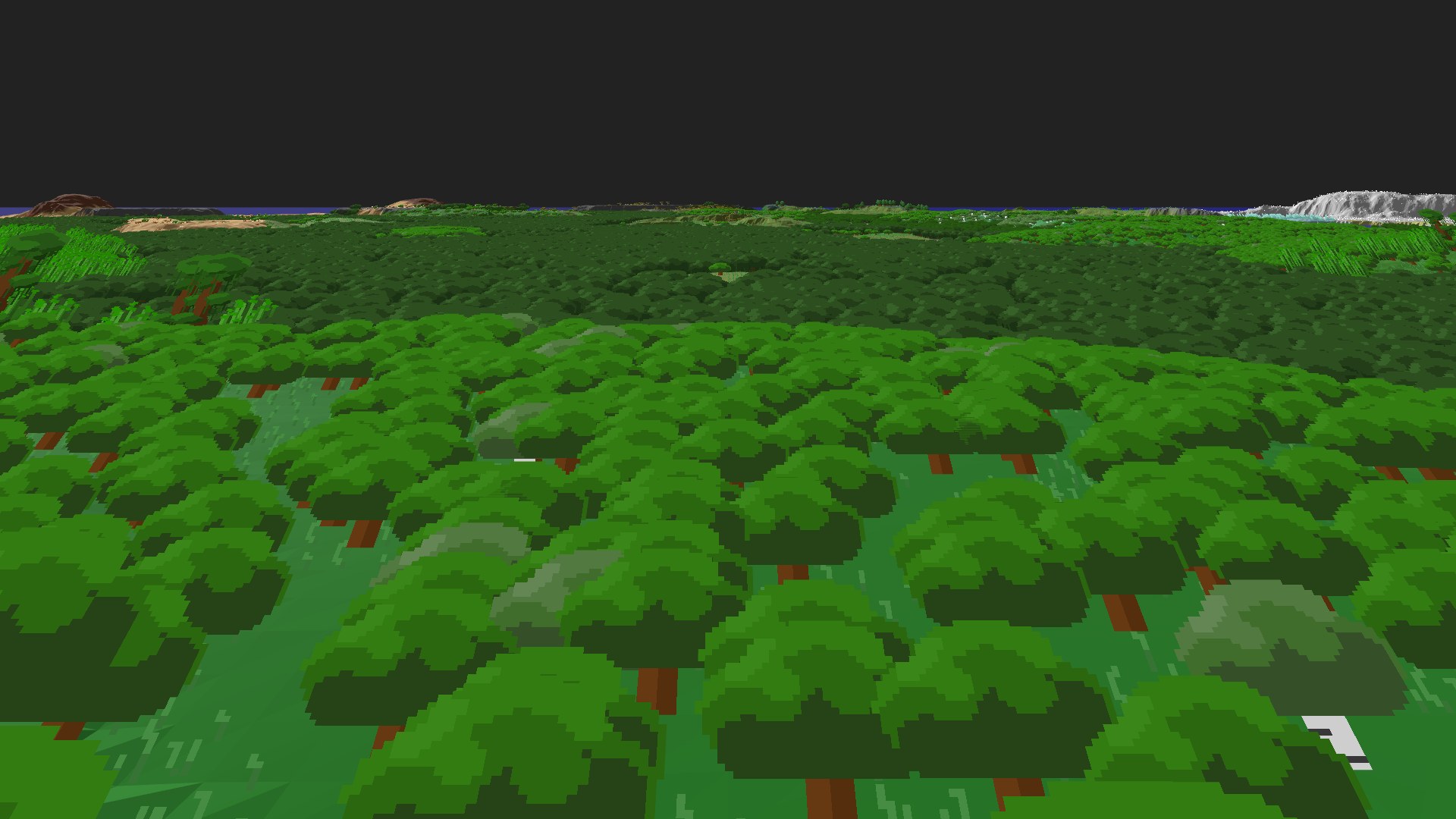 Near-horizontal 3D view from spawn looking at the surrounding terrain