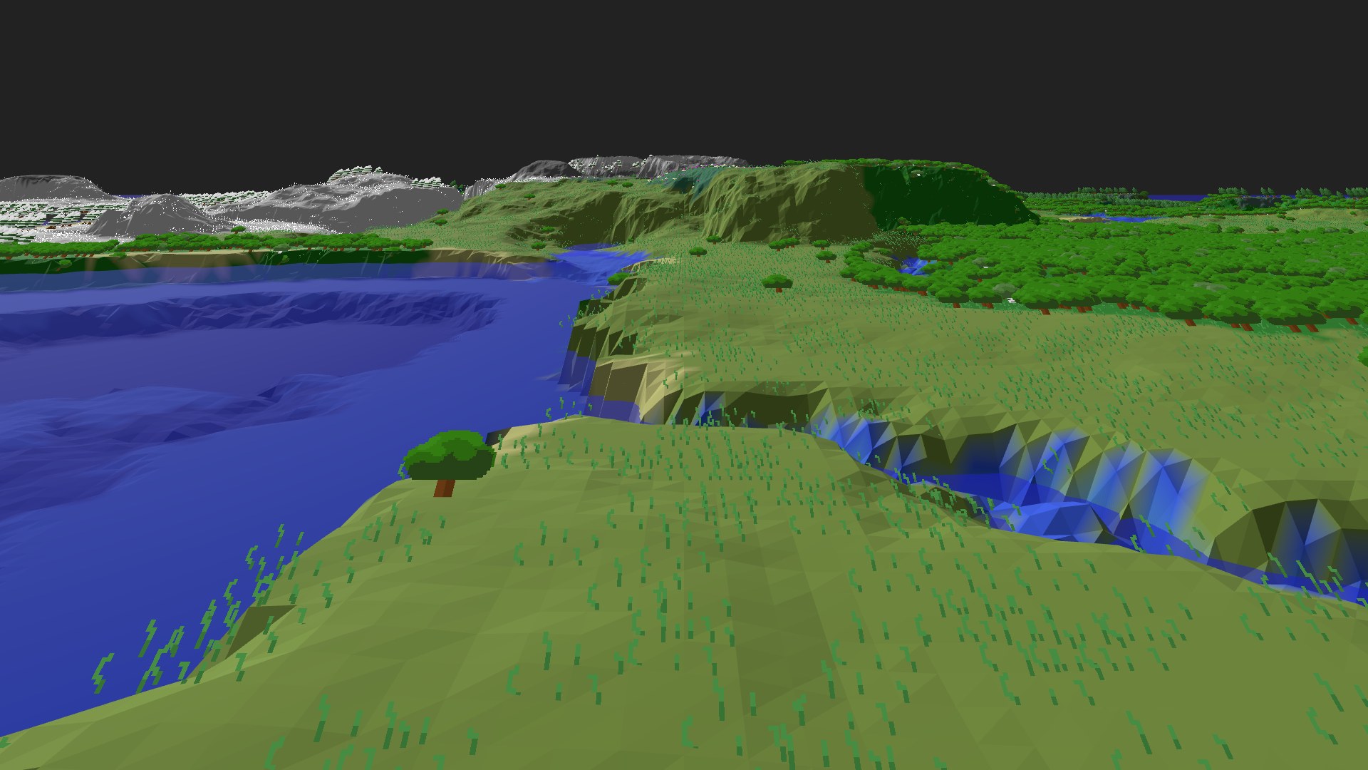Near-horizontal 3D view from spawn looking at the surrounding terrain