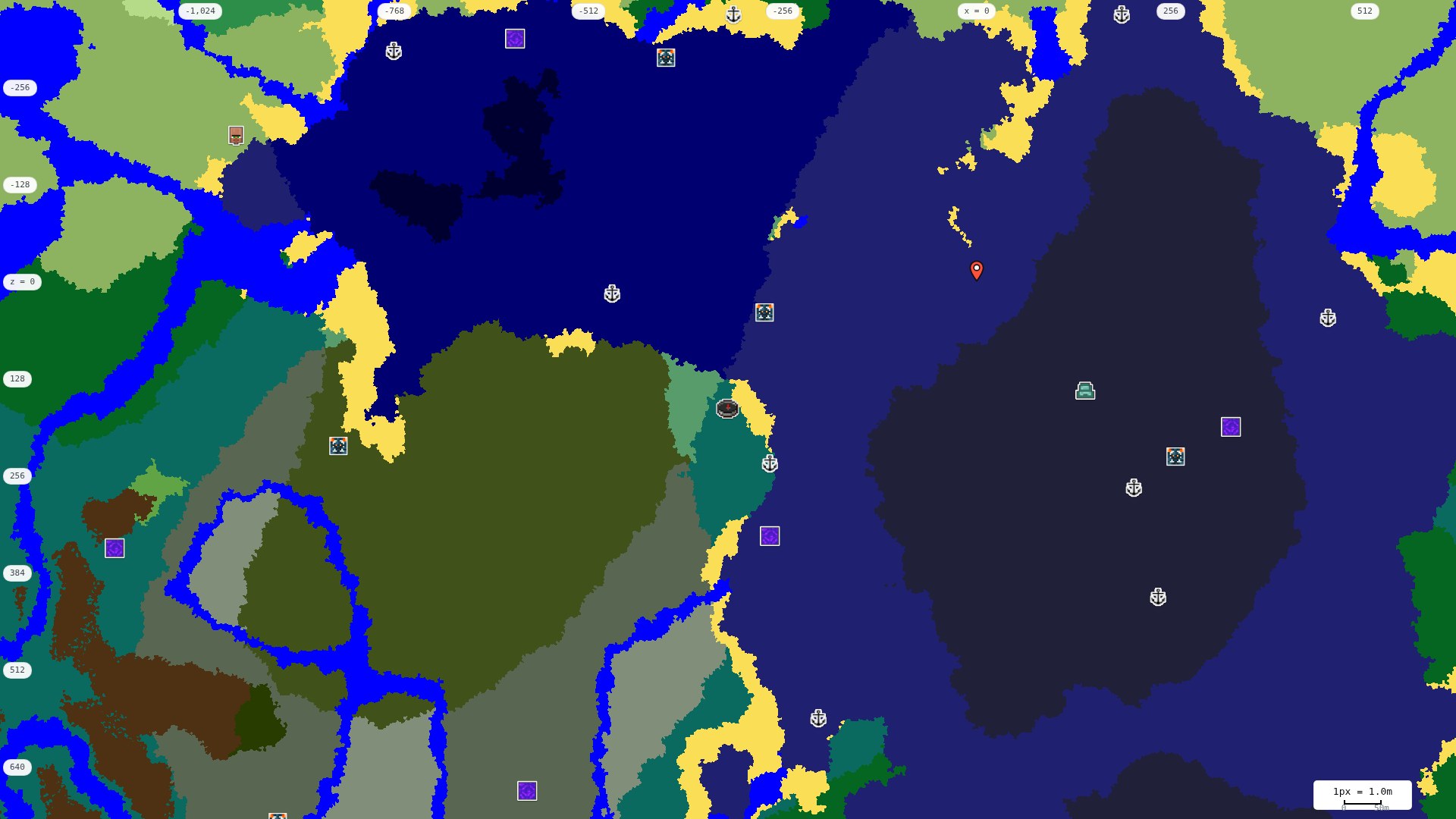 Top-down structures map: village, pillager outpost, ruined portal, shipwreck, woodland mansion, ocean monument, trial chambers, ancient city, desert pyramid, jungle temple, trail ruins
