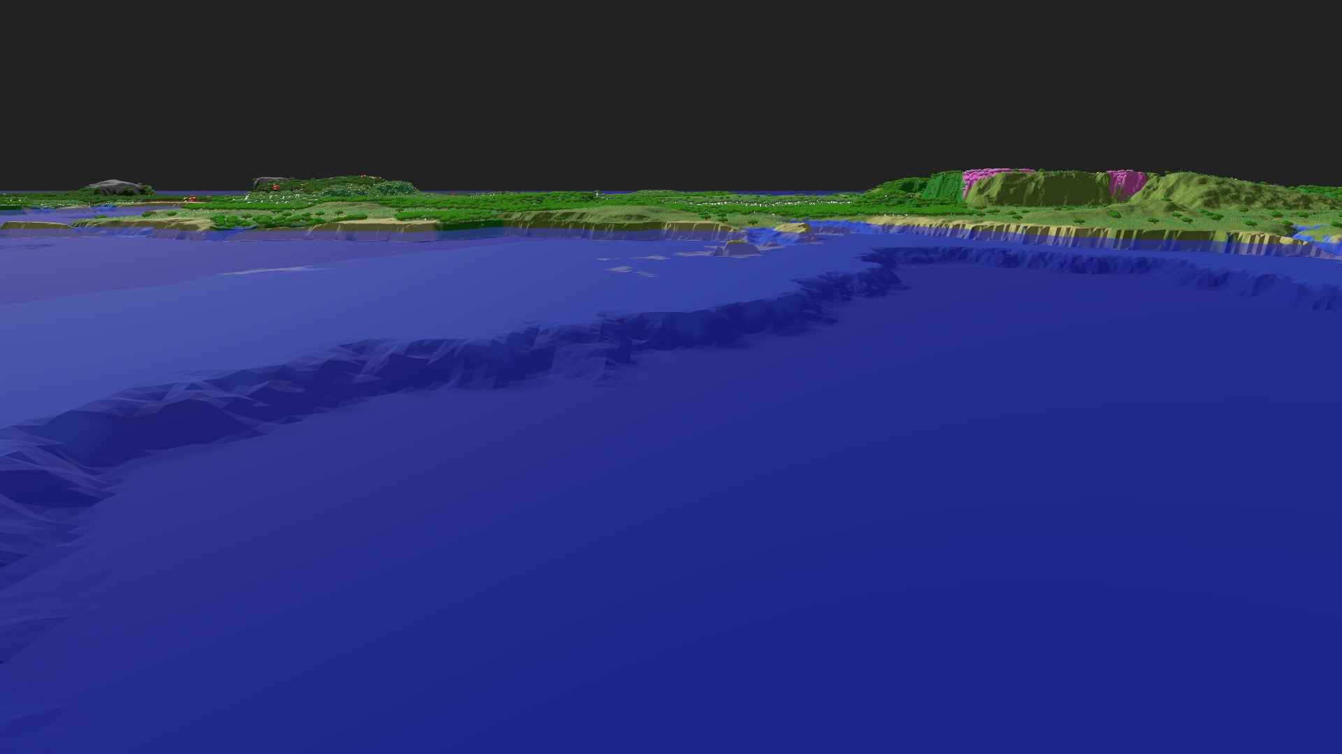 Near-horizontal 3D view from spawn looking at the surrounding terrain