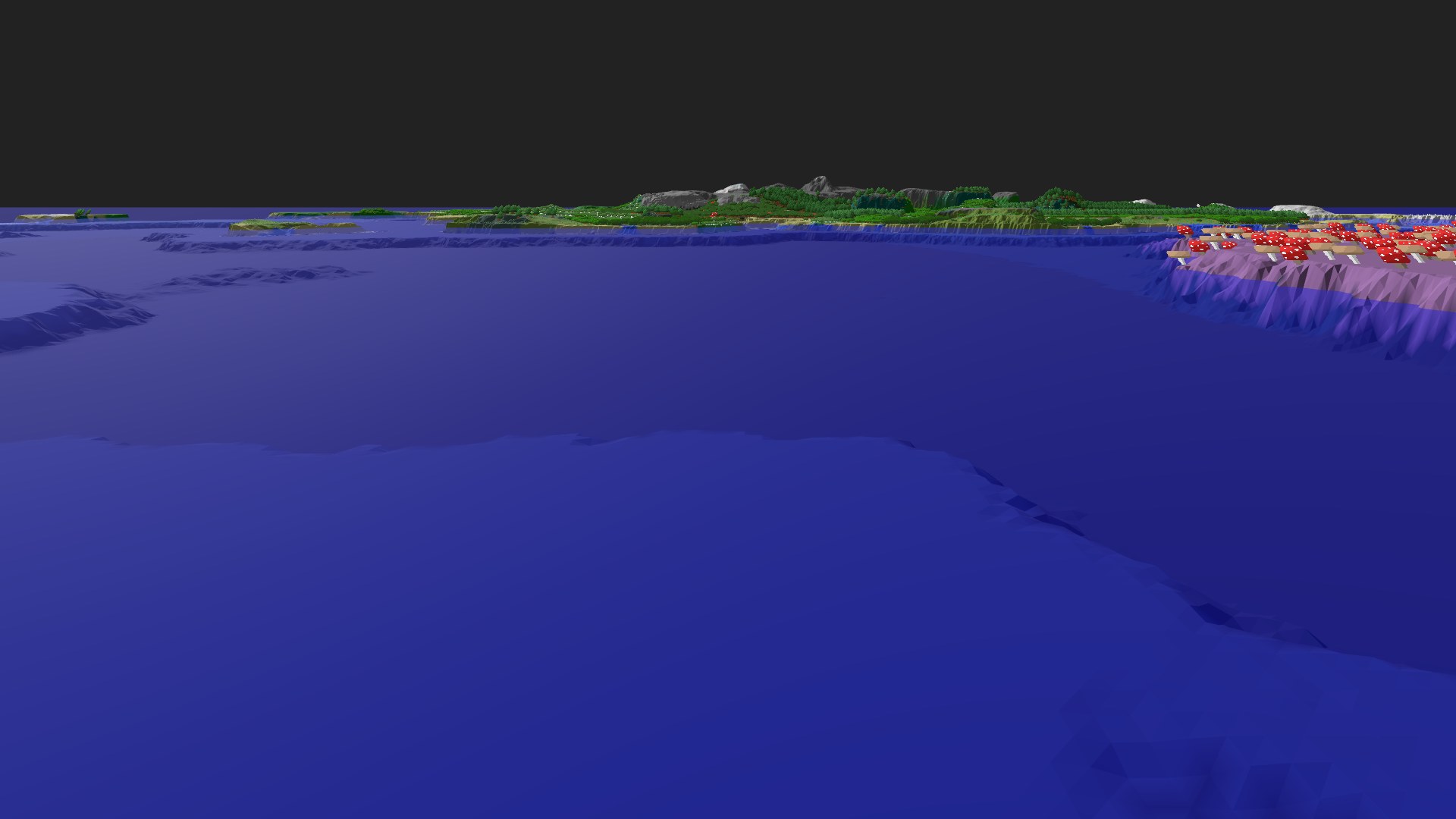 Near-horizontal 3D view from spawn looking at the surrounding terrain