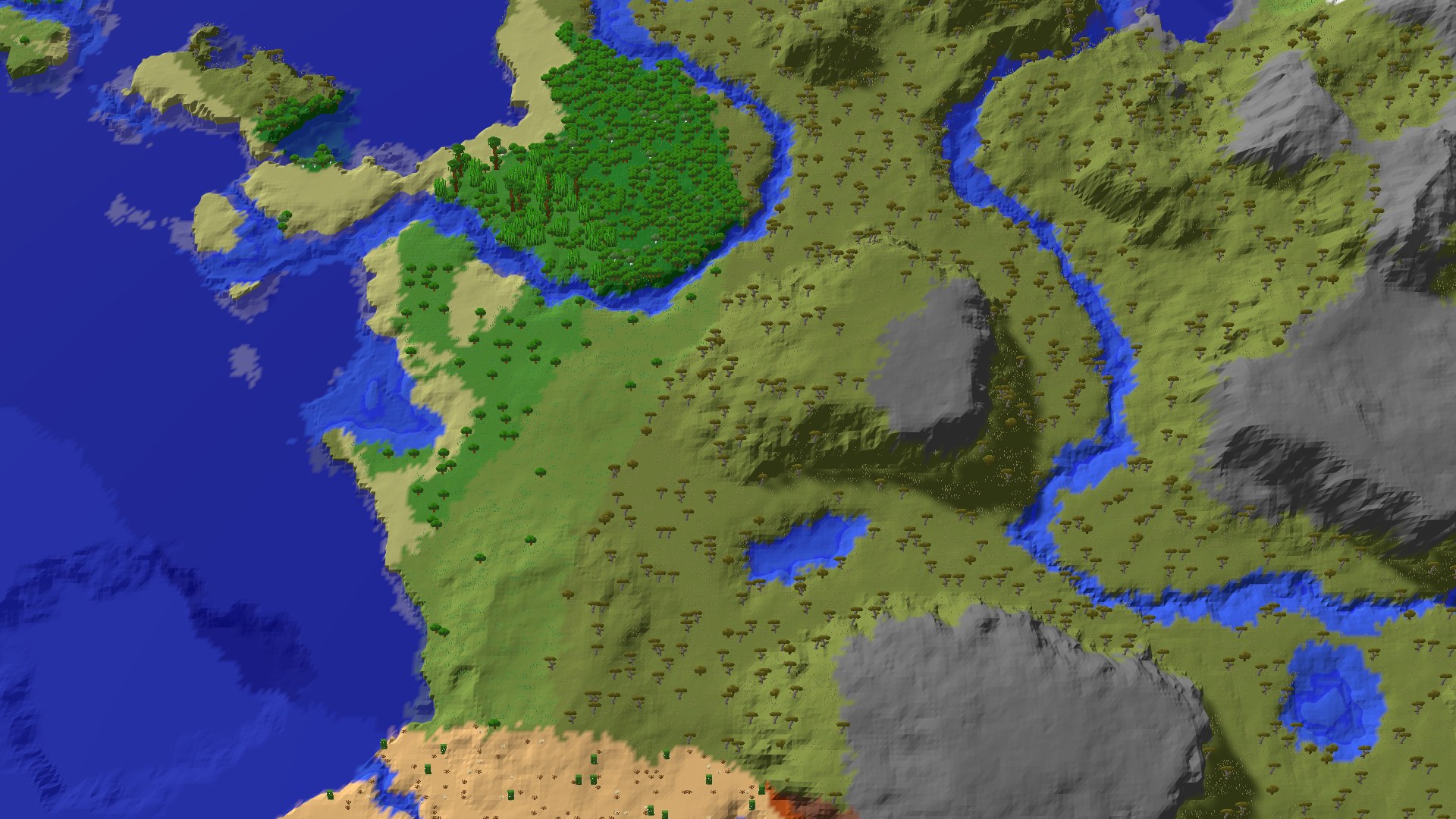 Aerial 3D overview 500 blocks SW of spawn