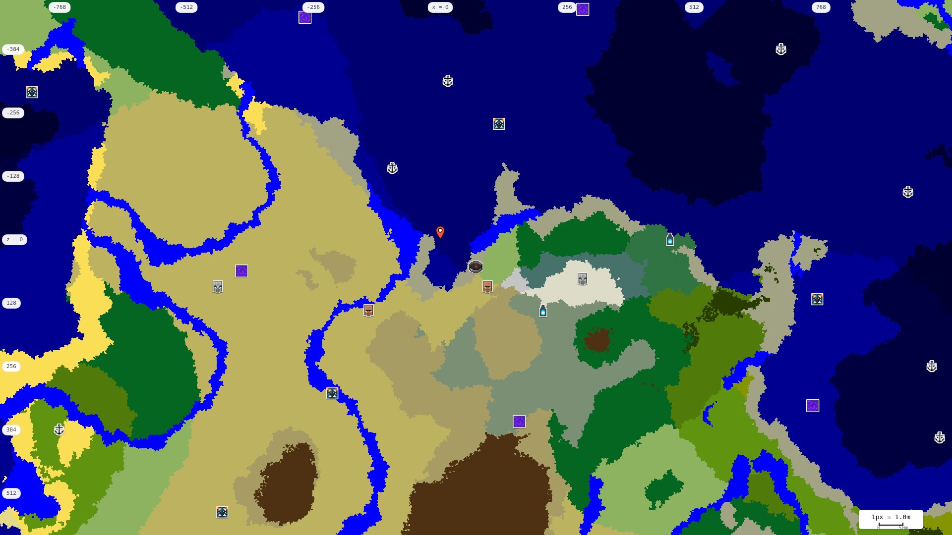 Top-down structures map: village, pillager outpost, ruined portal, shipwreck, woodland mansion, ocean monument, trial chambers, ancient city, desert pyramid, jungle temple, trail ruins