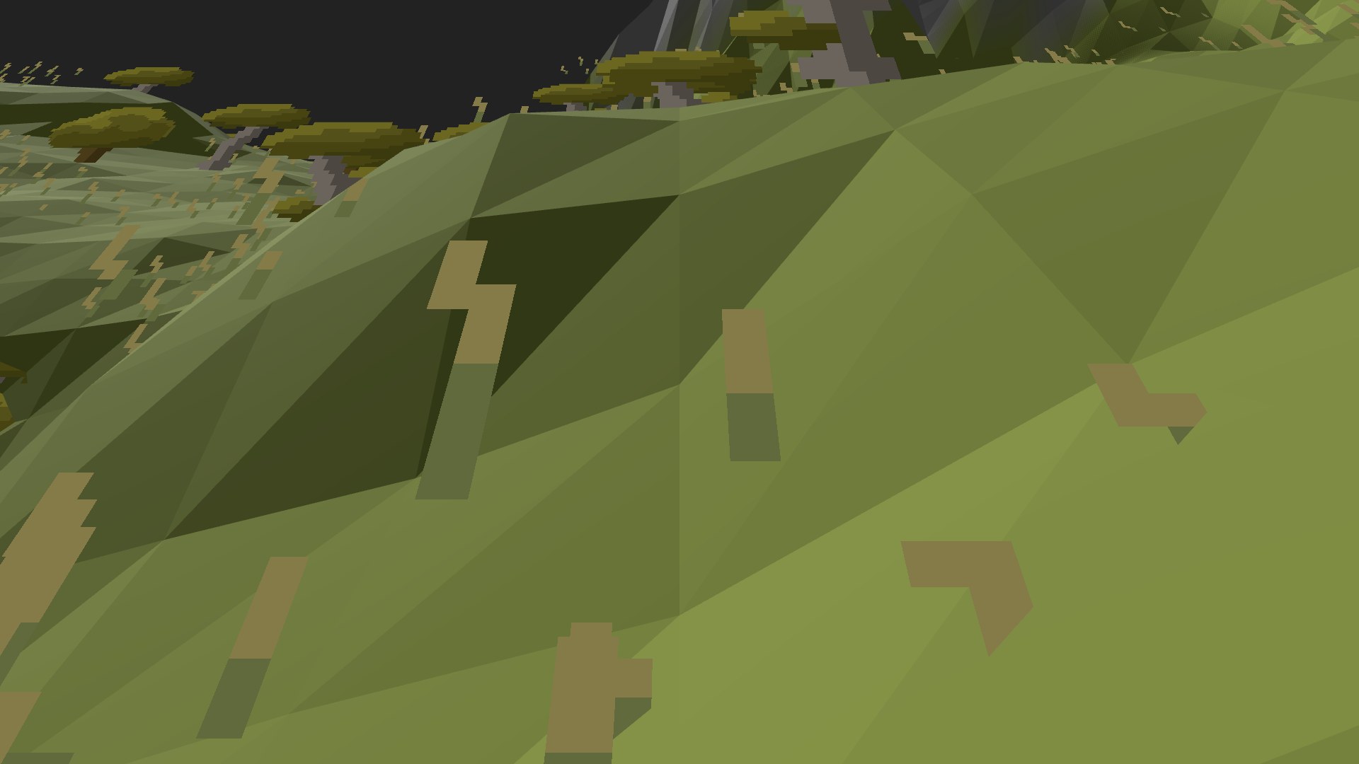 Near-horizontal 3D view from spawn looking at the surrounding terrain