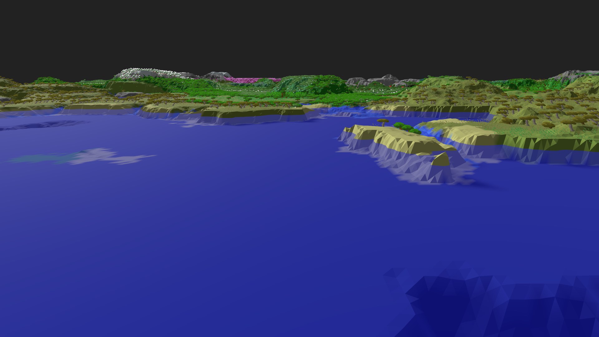 Near-horizontal 3D view from spawn looking at the surrounding terrain