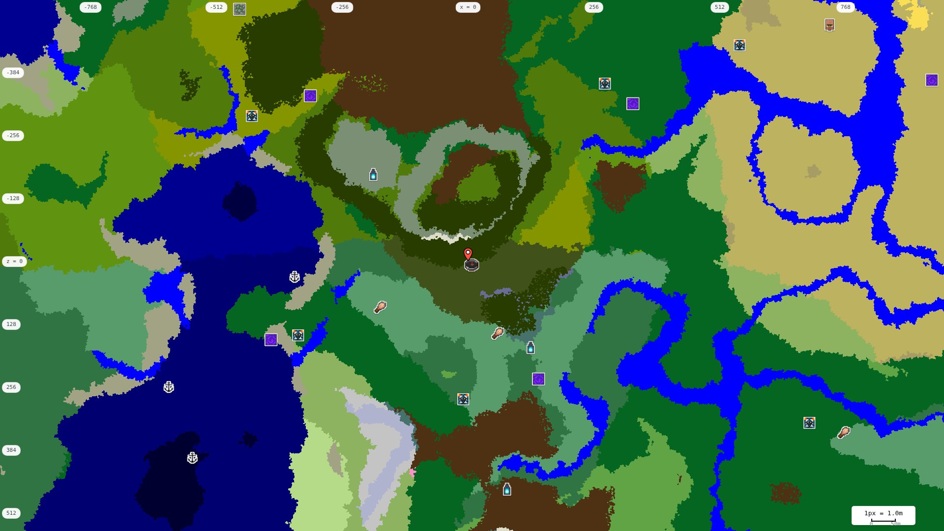Top-down structures map: village, pillager outpost, ruined portal, shipwreck, woodland mansion, ocean monument, trial chambers, ancient city, desert pyramid, jungle temple, trail ruins
