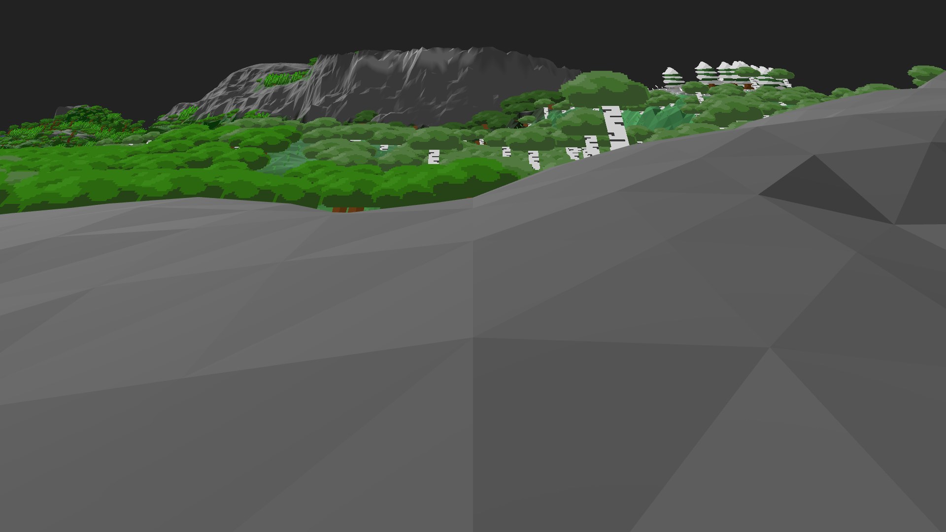 Near-horizontal 3D view from spawn looking at the surrounding terrain