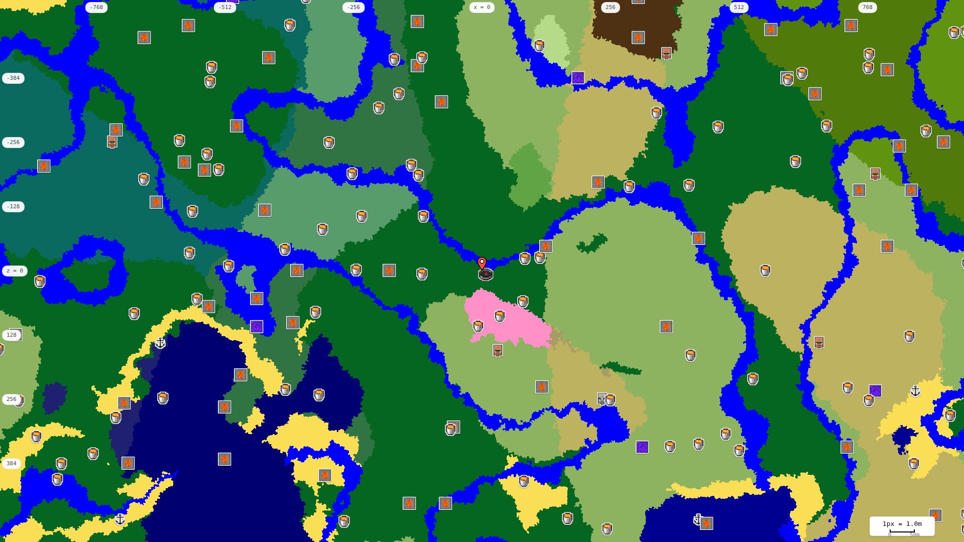 Top-down map with speedrun structures: village, outpost, ruined portal, shipwreck, lava pool, stronghold