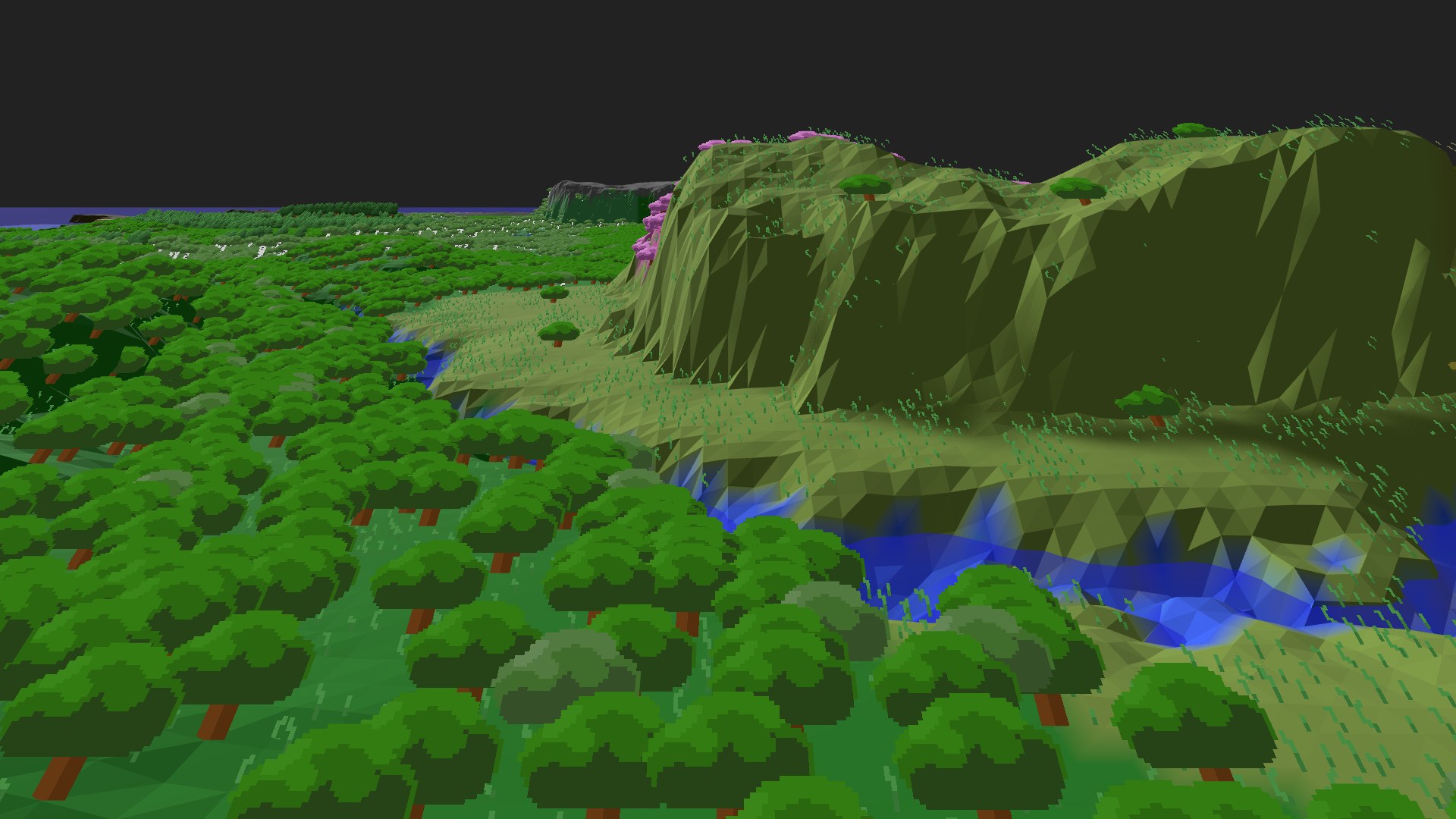 Near-horizontal 3D view from spawn looking at the surrounding terrain
