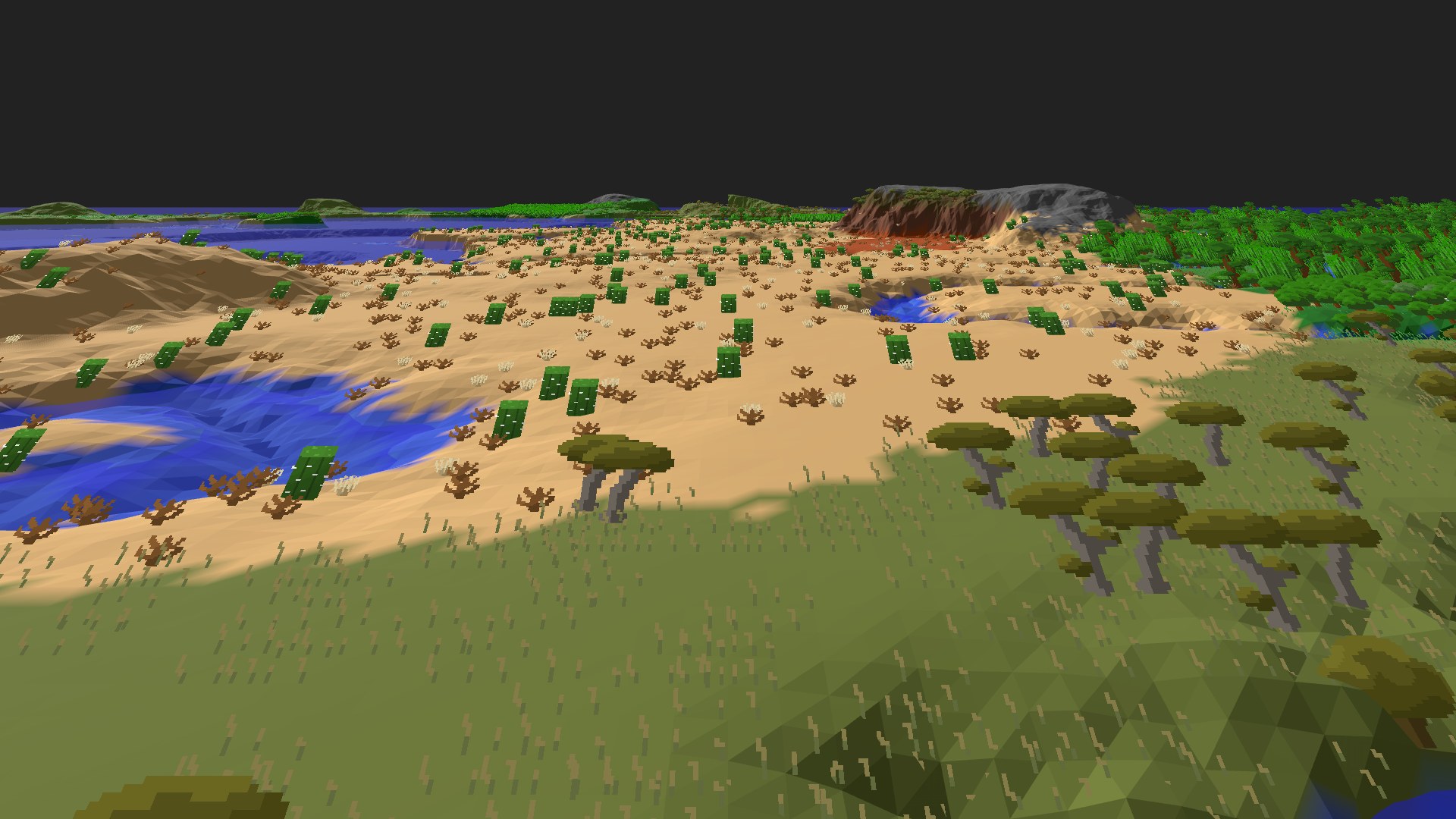 Near-horizontal 3D view from spawn looking at the surrounding terrain