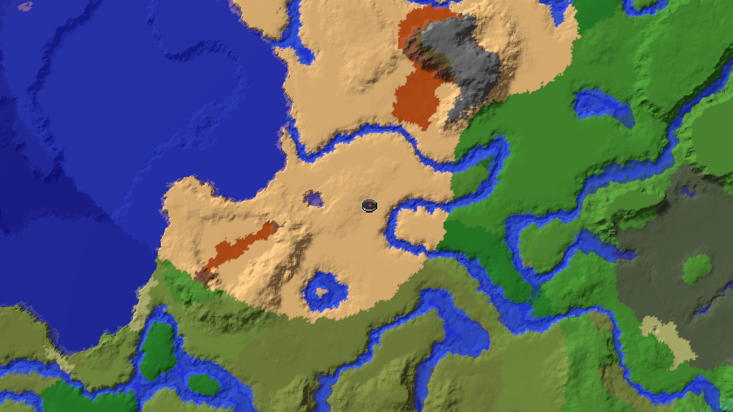 Aerial Minecraft seed map — a pile of shit crawling through a desert at spawn