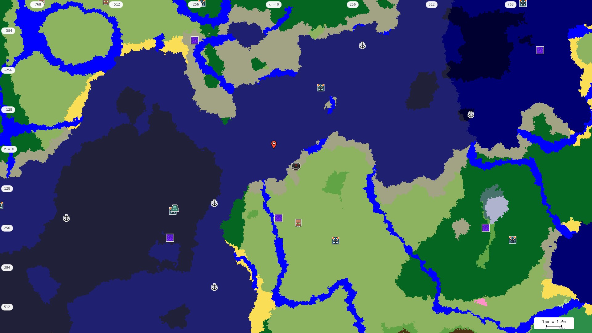 Top-down structures map: village, pillager outpost, ruined portal, shipwreck, woodland mansion, ocean monument, trial chambers, ancient city, desert pyramid, jungle temple, trail ruins