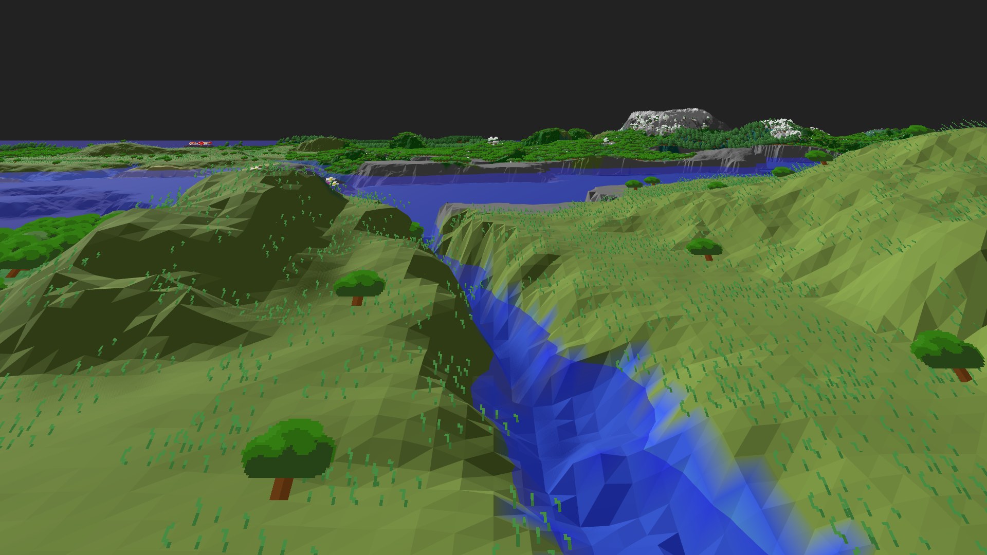 Near-horizontal 3D view from spawn looking at the surrounding terrain