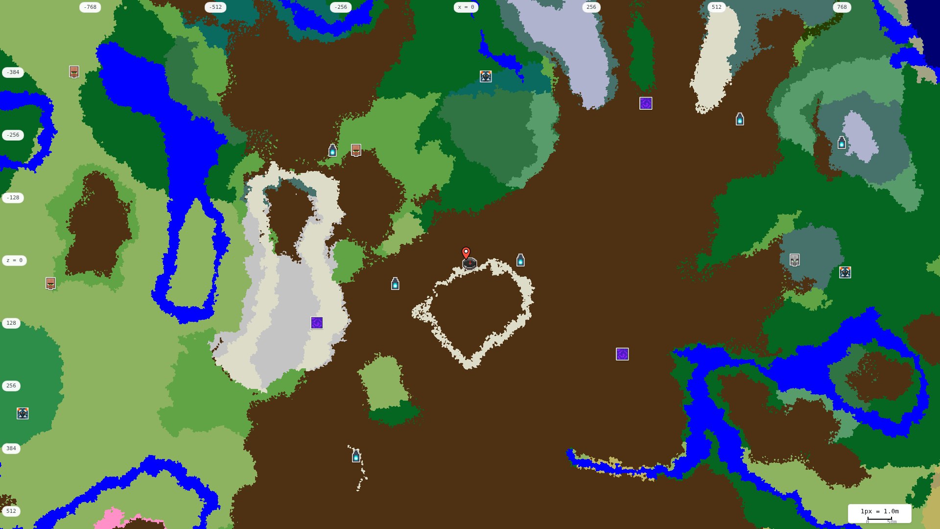 Top-down structures map: village, pillager outpost, ruined portal, shipwreck, woodland mansion, ocean monument, trial chambers, ancient city, desert pyramid, jungle temple, trail ruins