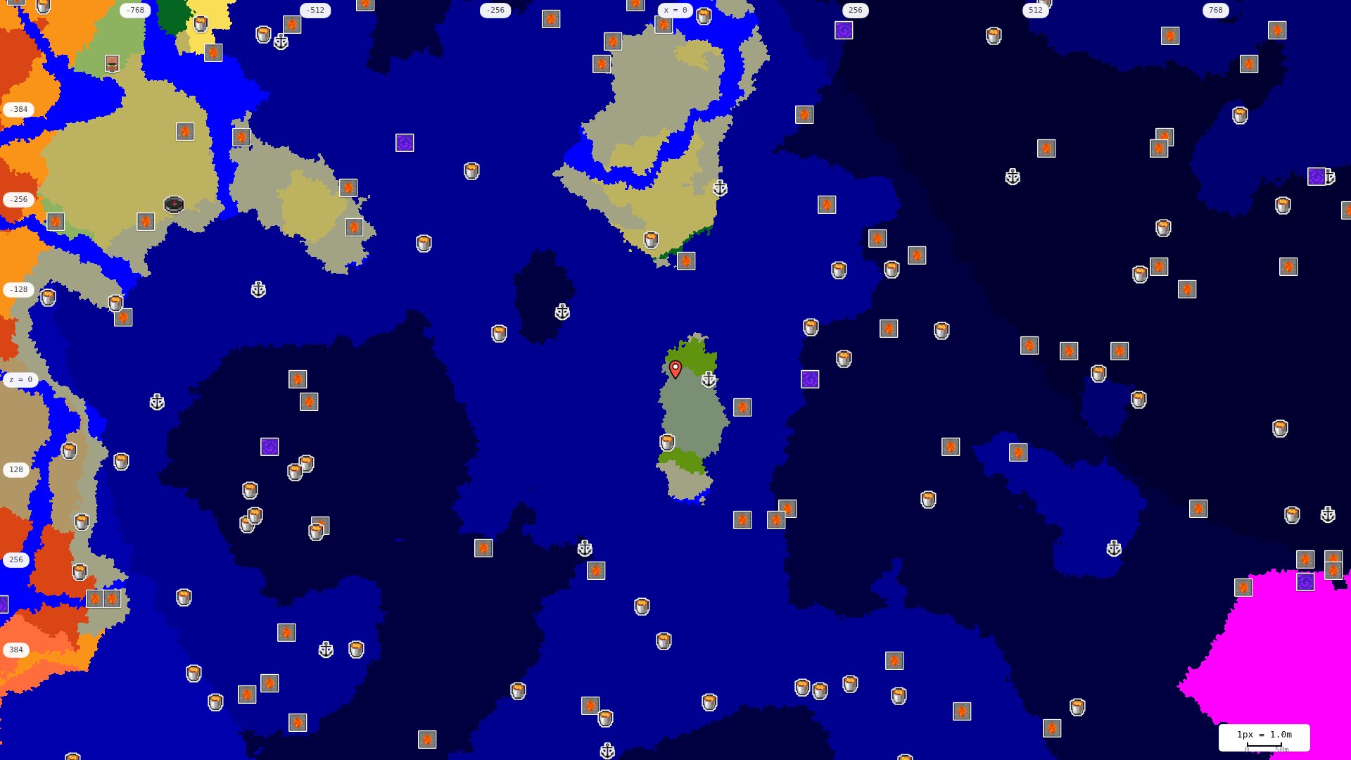 Top-down map with speedrun structures: village, outpost, ruined portal, shipwreck, lava pool, stronghold