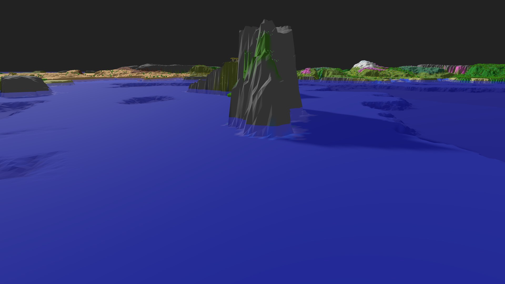 Near-horizontal 3D view from spawn looking at the surrounding terrain