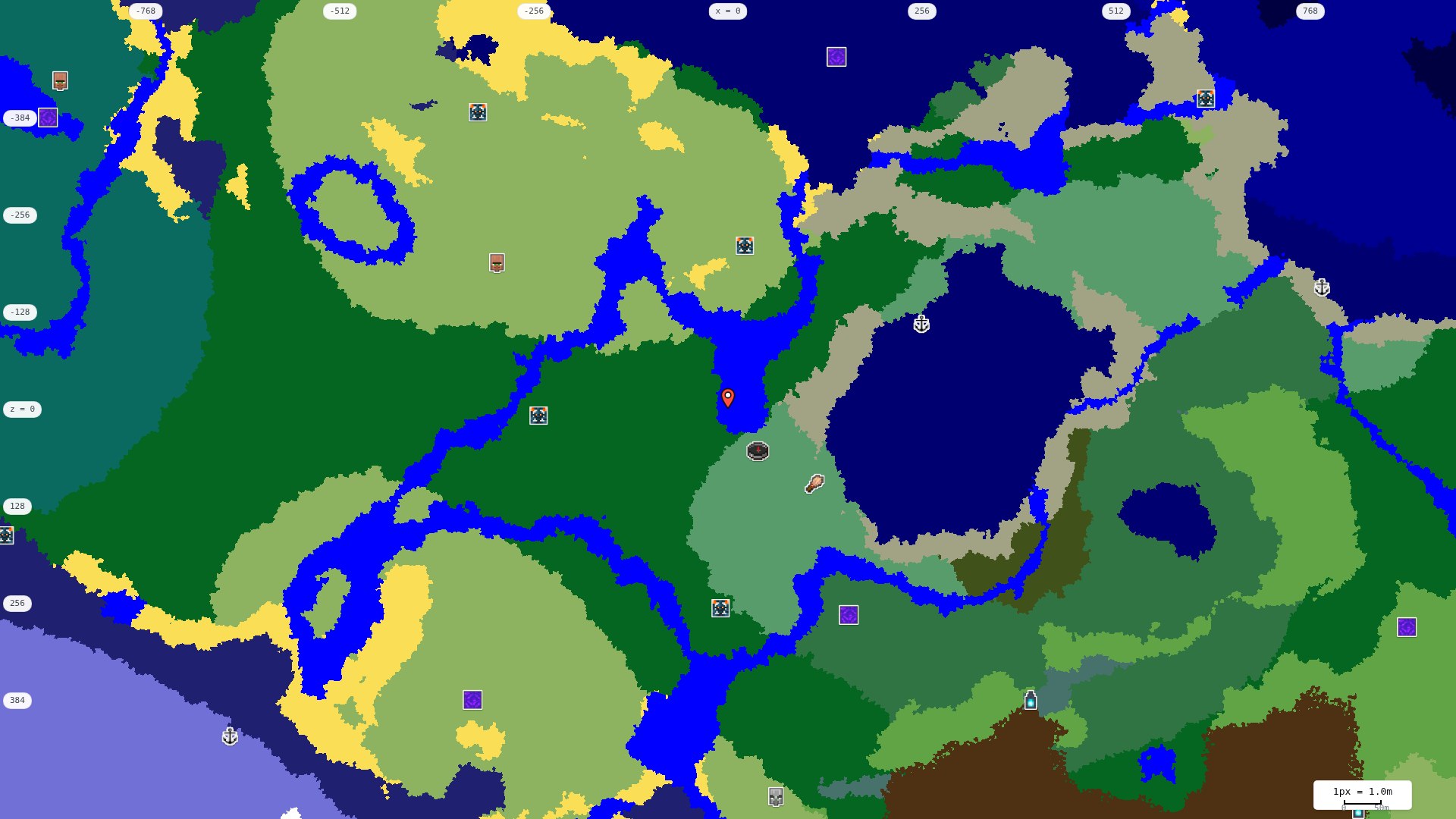 Top-down structures map: village, pillager outpost, ruined portal, shipwreck, woodland mansion, ocean monument, trial chambers, ancient city, desert pyramid, jungle temple, trail ruins