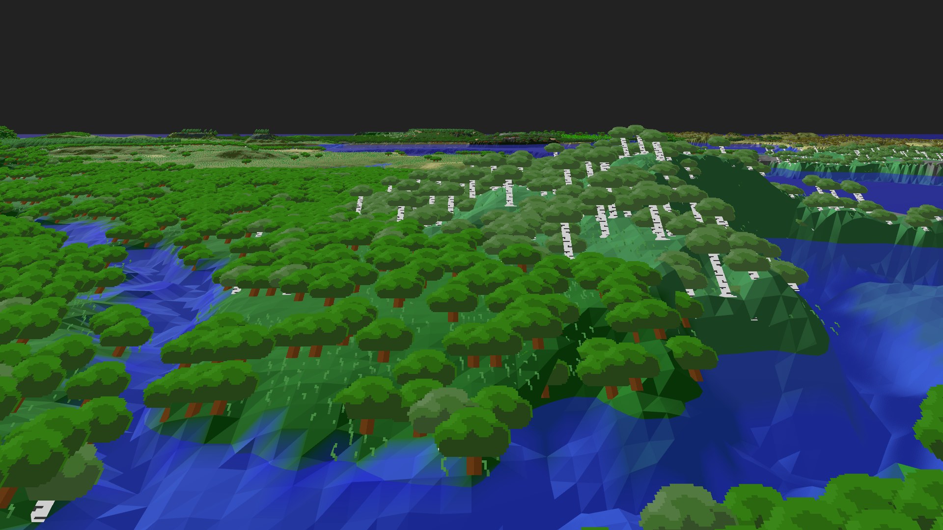 Near-horizontal 3D view from spawn looking at the surrounding terrain
