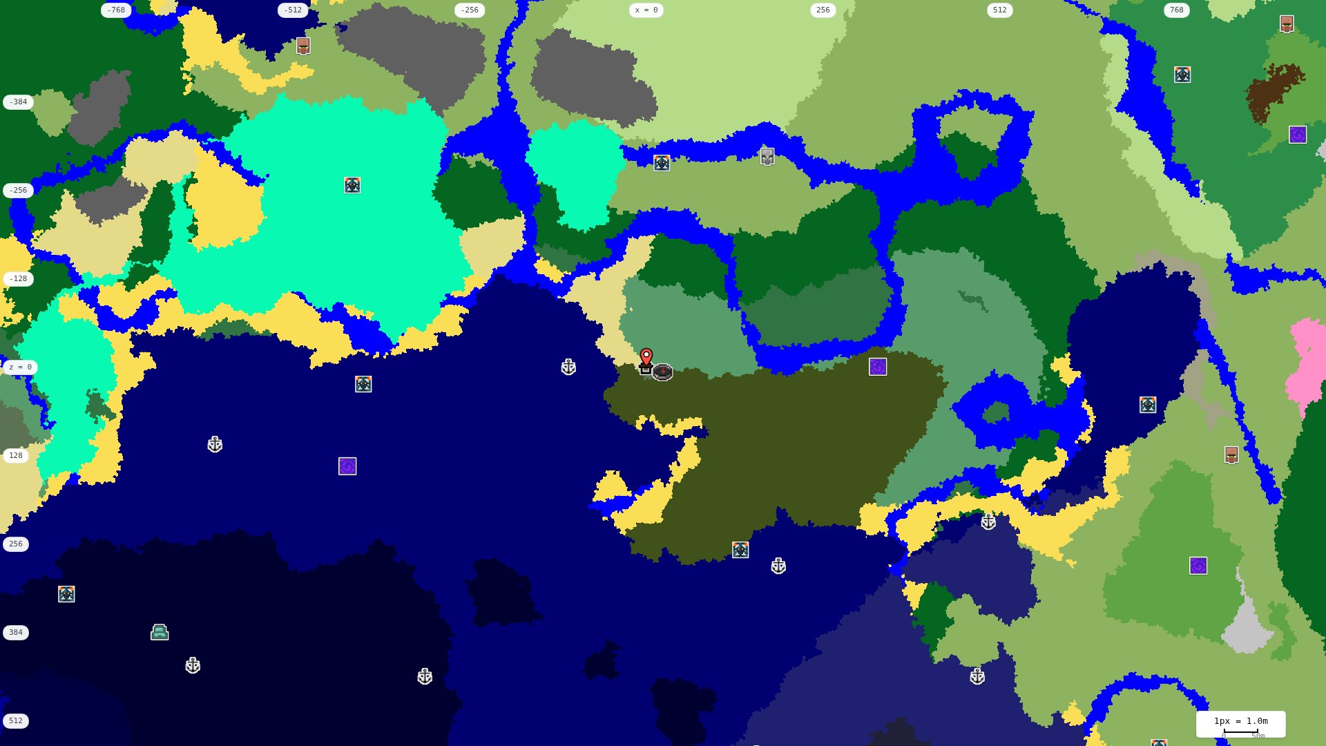 Top-down structures map: village, pillager outpost, ruined portal, shipwreck, woodland mansion, ocean monument, trial chambers, ancient city, desert pyramid, jungle temple, trail ruins