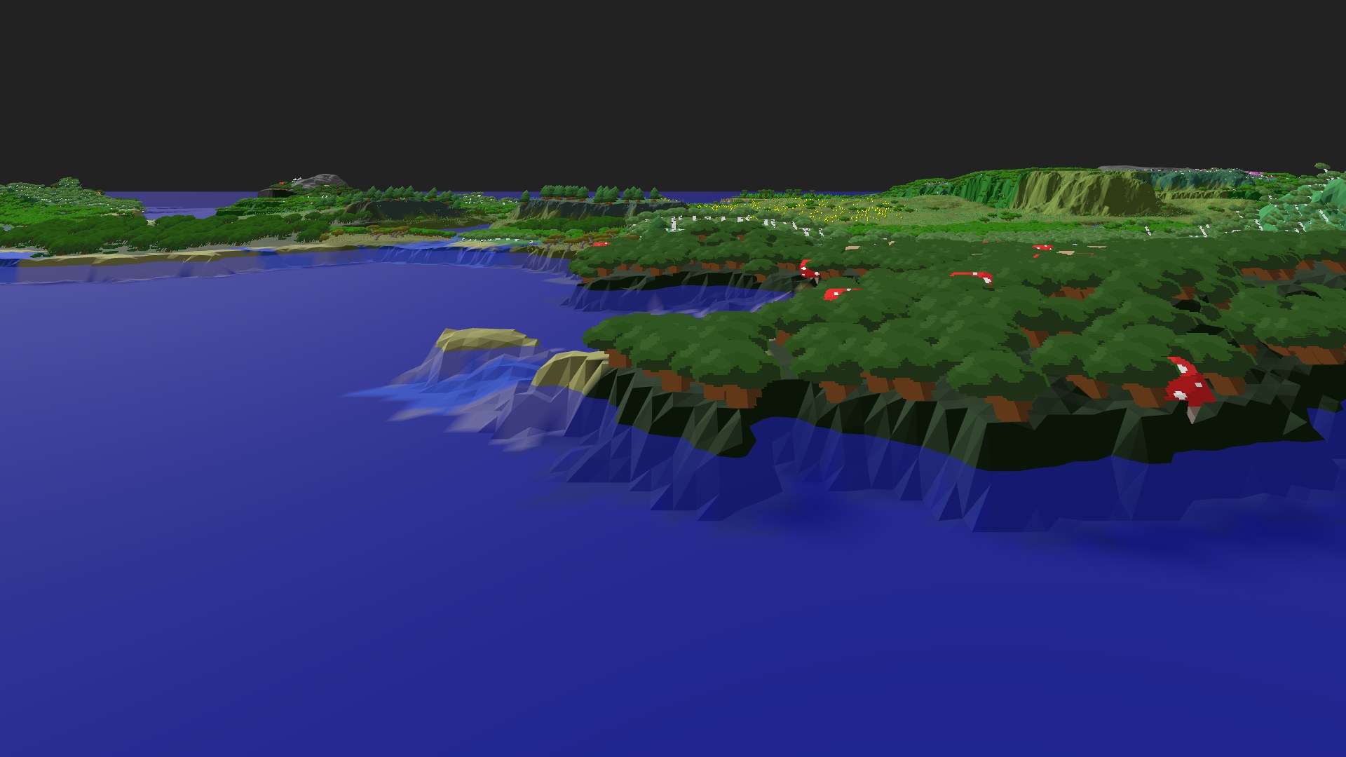 Near-horizontal 3D view from spawn looking at the surrounding terrain