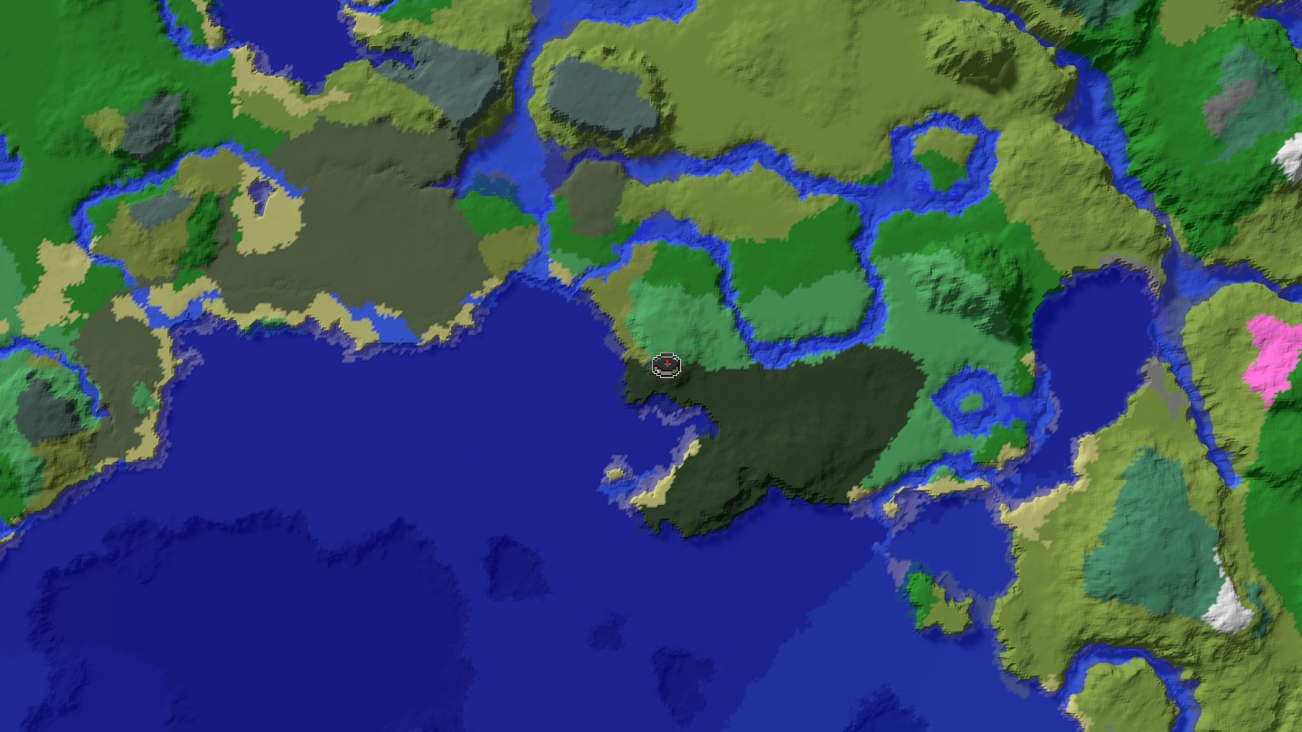 Aerial Minecraft seed map — 208 block tall woodland mansion on a floating dark-forest island [-5171820940046