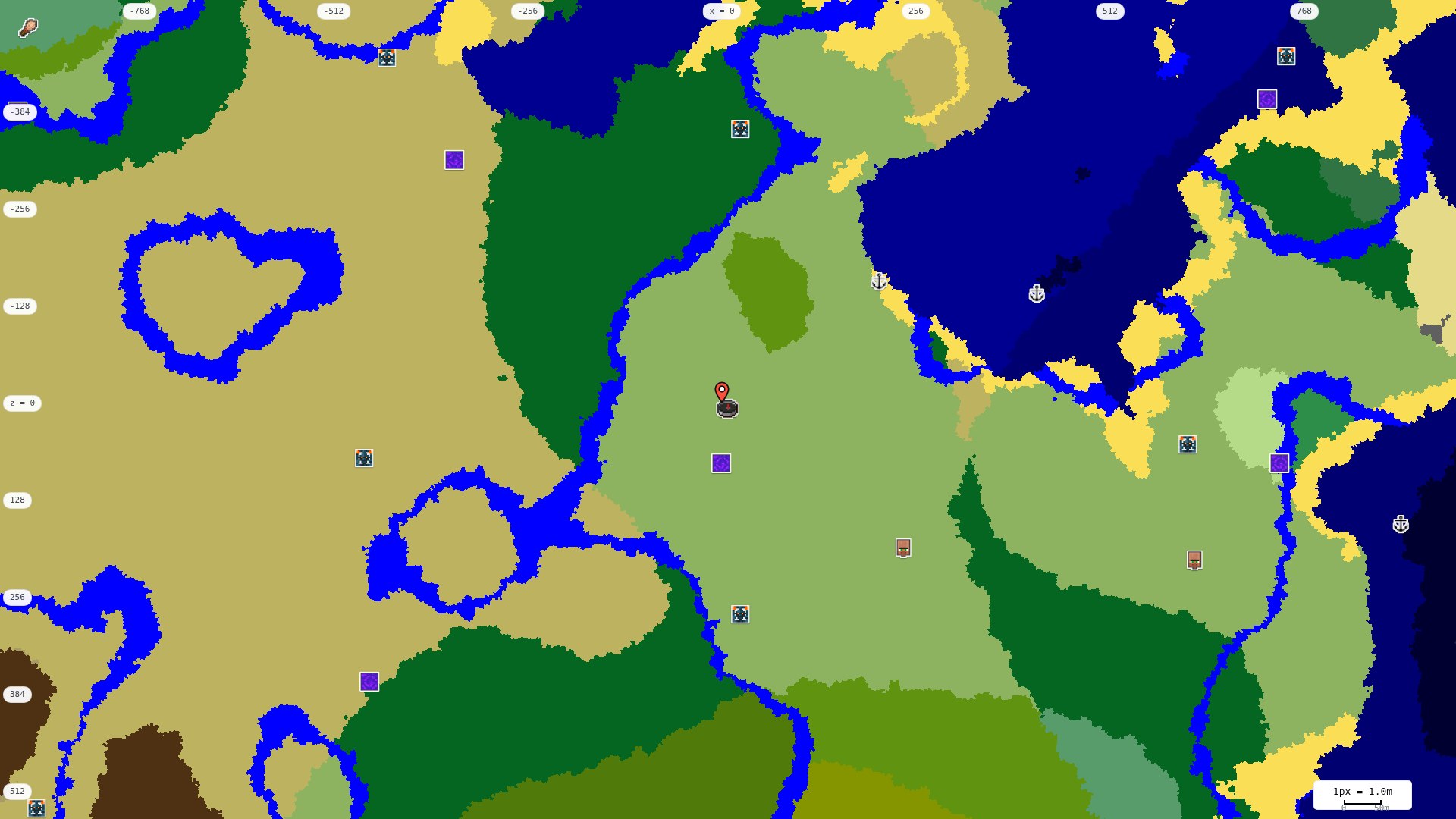 Top-down structures map: village, pillager outpost, ruined portal, shipwreck, woodland mansion, ocean monument, trial chambers, ancient city, desert pyramid, jungle temple, trail ruins