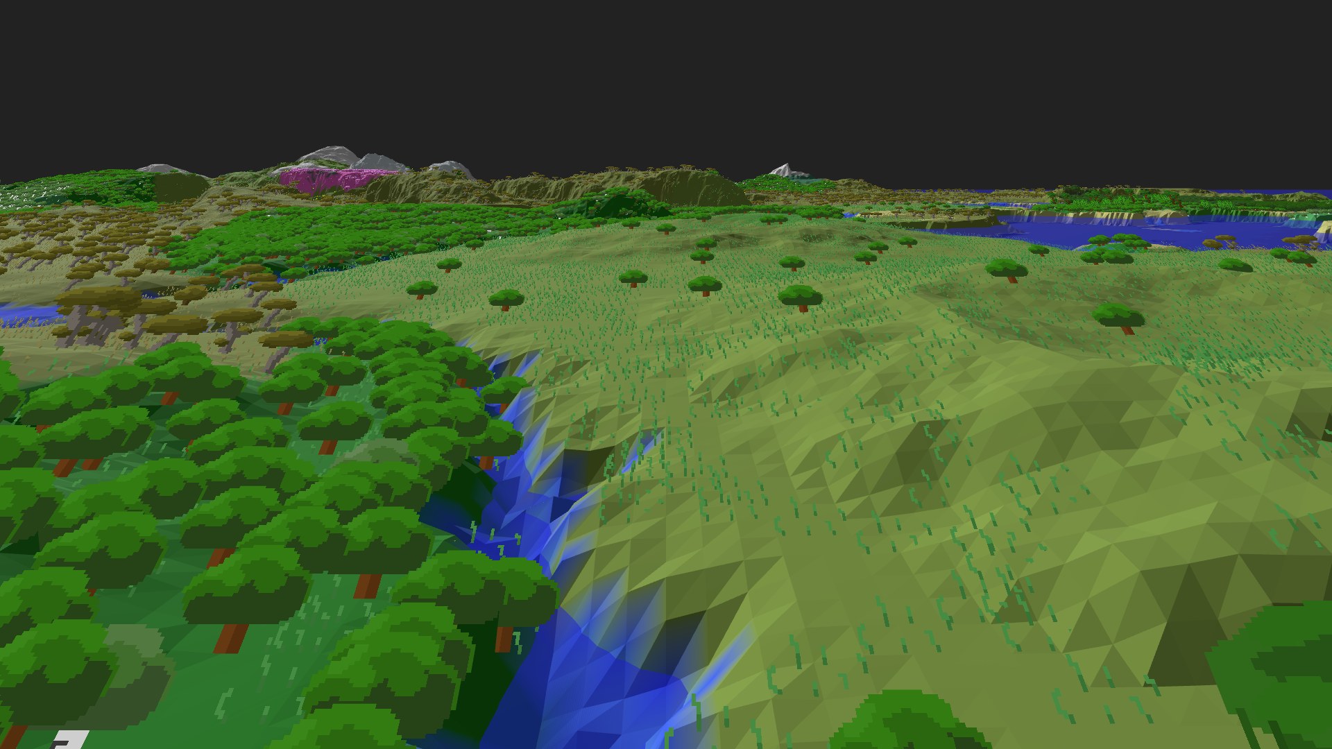 Near-horizontal 3D view from spawn looking at the surrounding terrain