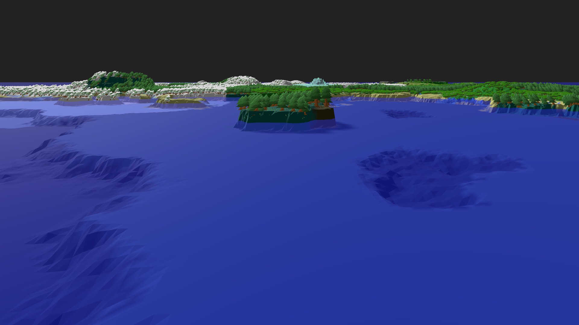 Near-horizontal 3D view from spawn looking at the surrounding terrain