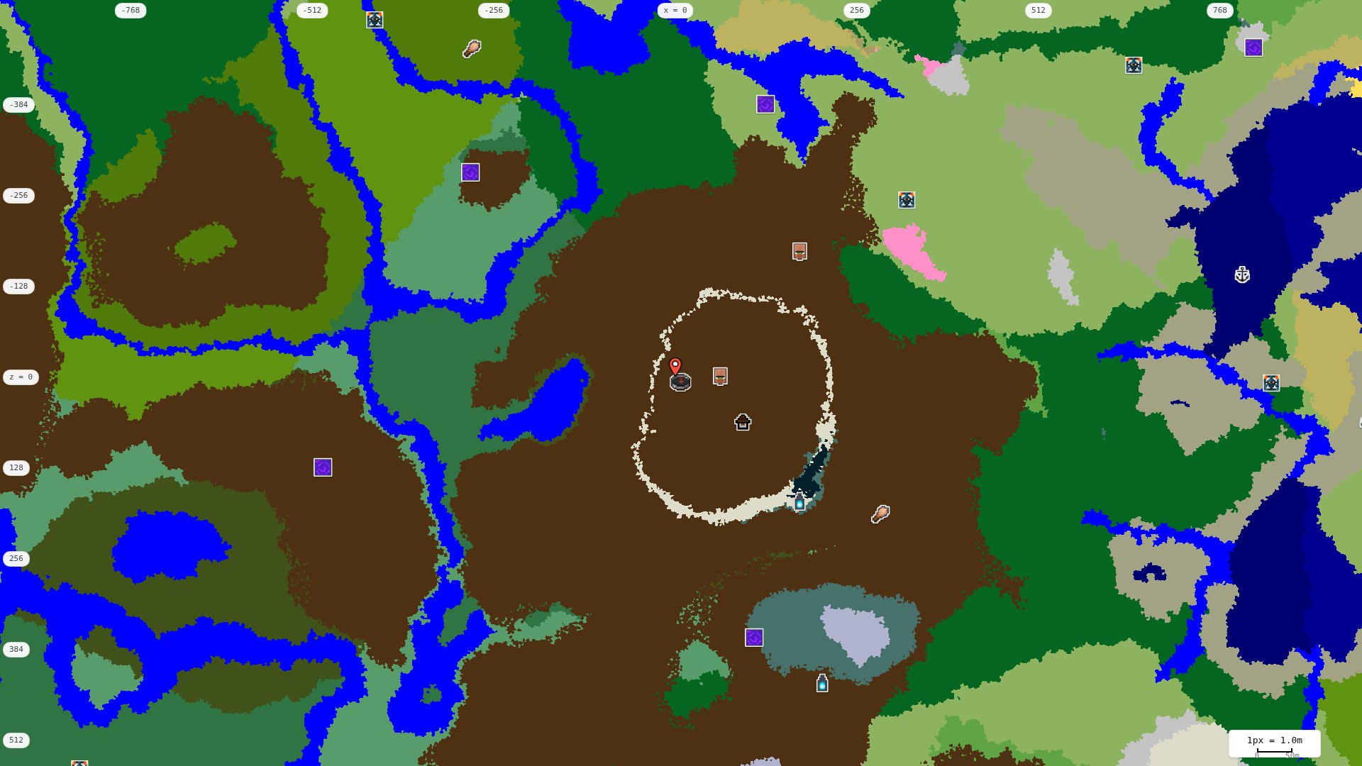 Top-down structures map: village, pillager outpost, ruined portal, shipwreck, woodland mansion, ocean monument, trial chambers, ancient city, desert pyramid, jungle temple, trail ruins