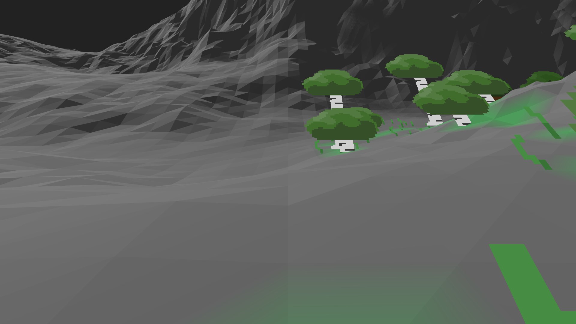 Near-horizontal 3D view from spawn looking at the surrounding terrain