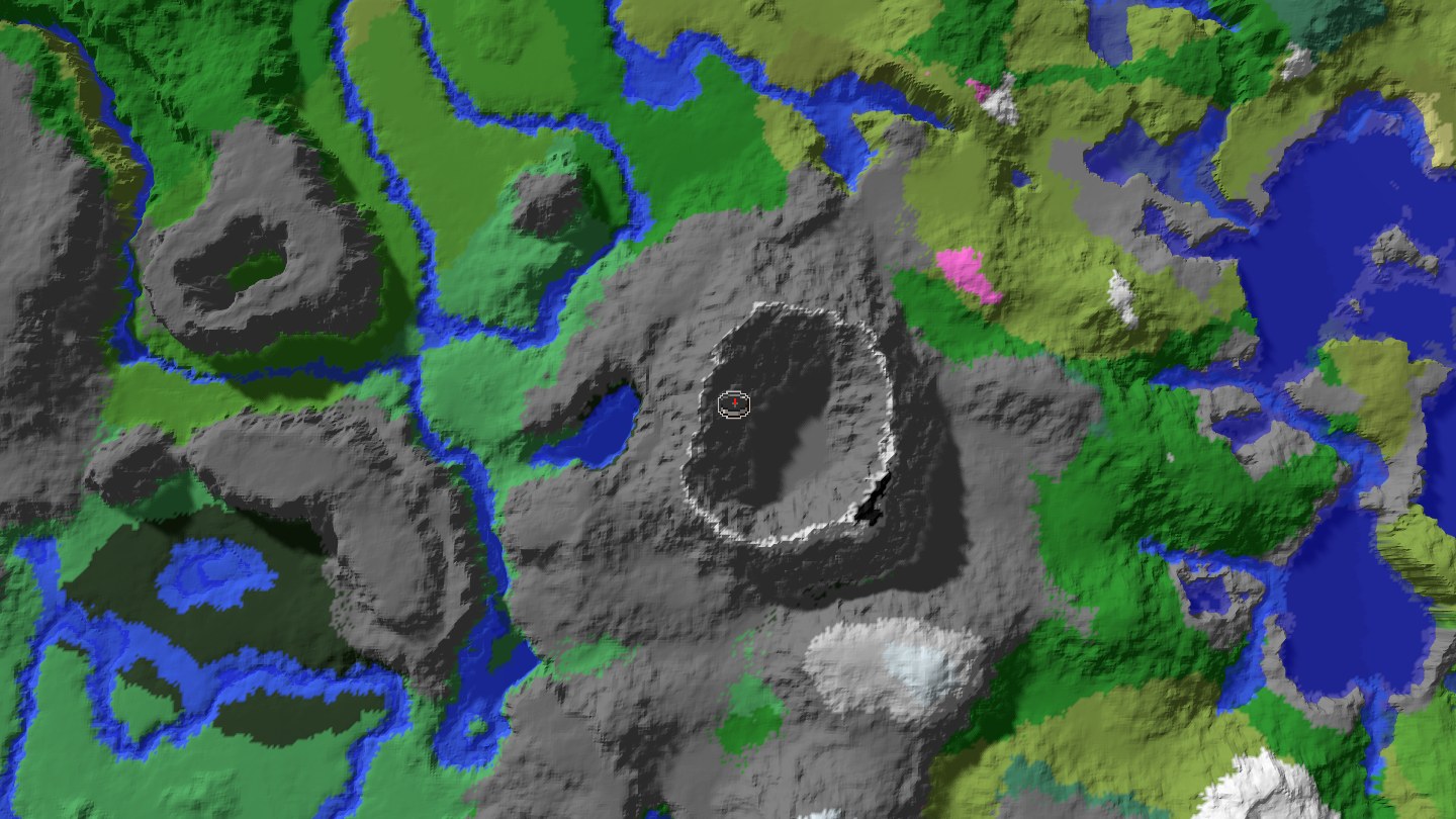 Aerial Minecraft seed map — Crater village inside cherry grove and ice peaks with mansion, ancient city, and