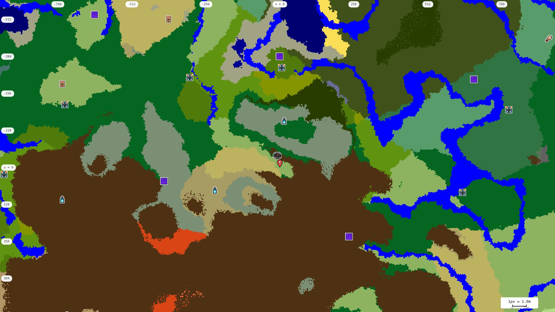 Top-down structures map: village, pillager outpost, ruined portal, shipwreck, woodland mansion, ocean monument, trial chambers, ancient city, desert pyramid, jungle temple, trail ruins
