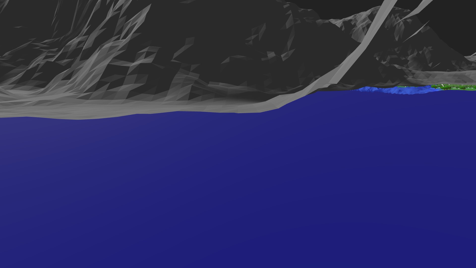 Near-horizontal 3D view from spawn looking at the surrounding terrain