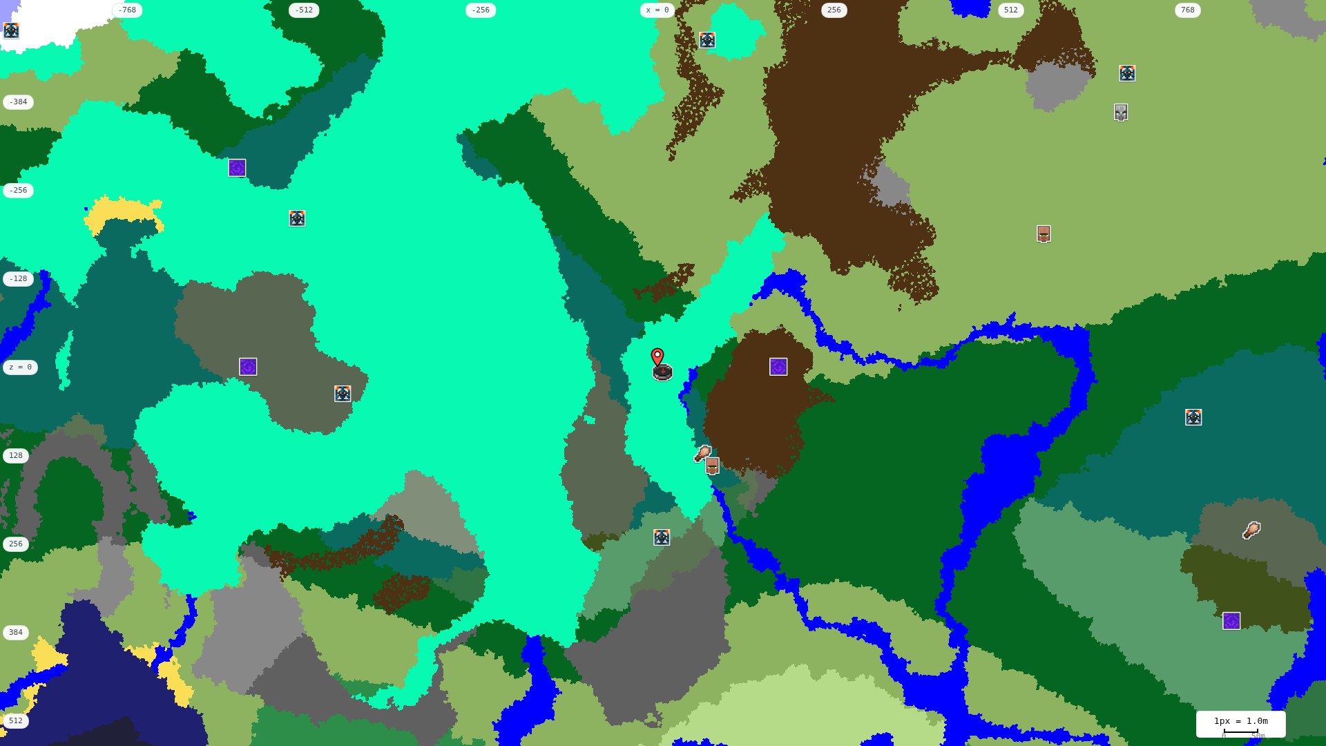 Top-down structures map: village, pillager outpost, ruined portal, shipwreck, woodland mansion, ocean monument, trial chambers, ancient city, desert pyramid, jungle temple, trail ruins