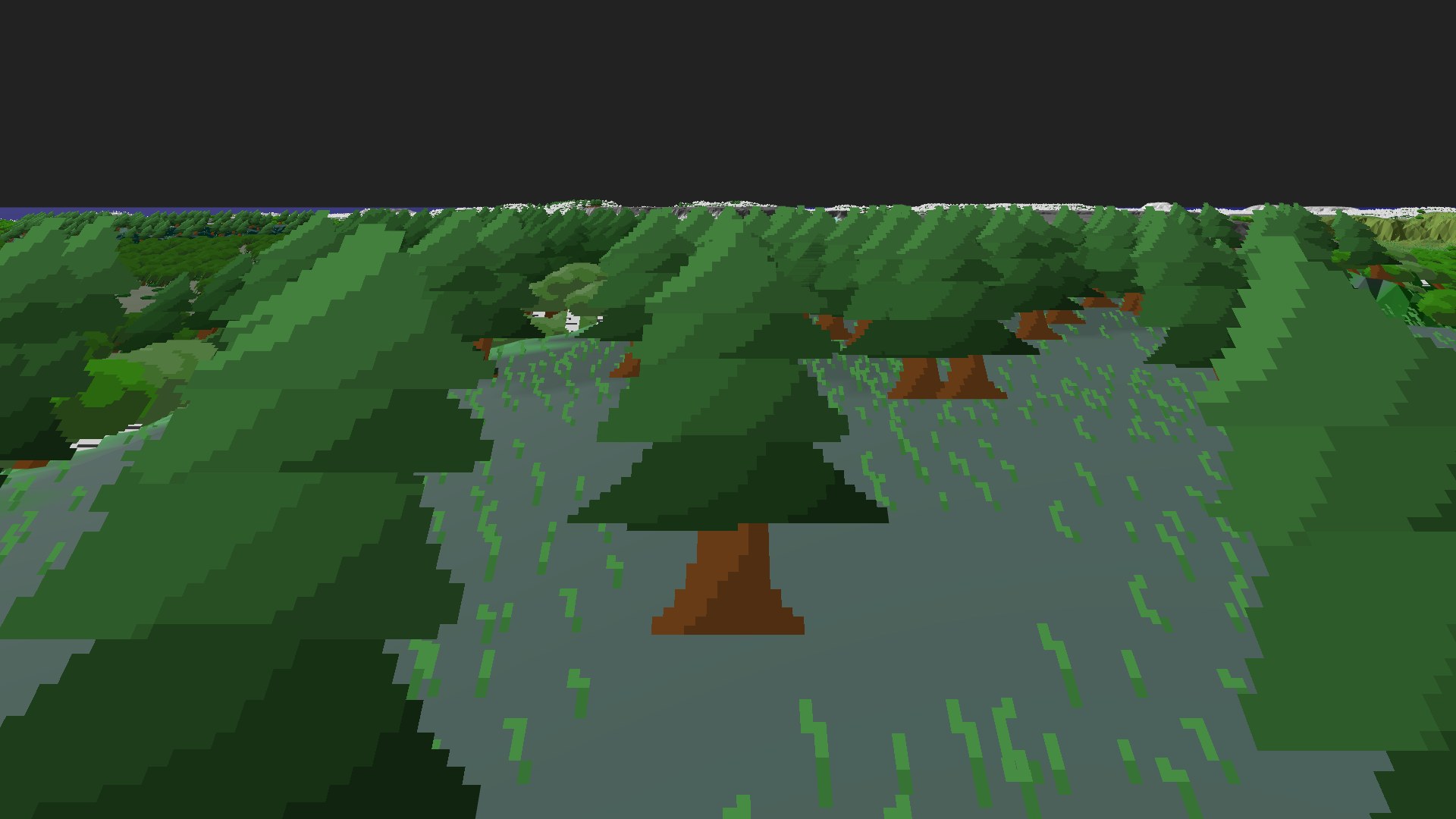 Near-horizontal 3D view from spawn looking at the surrounding terrain
