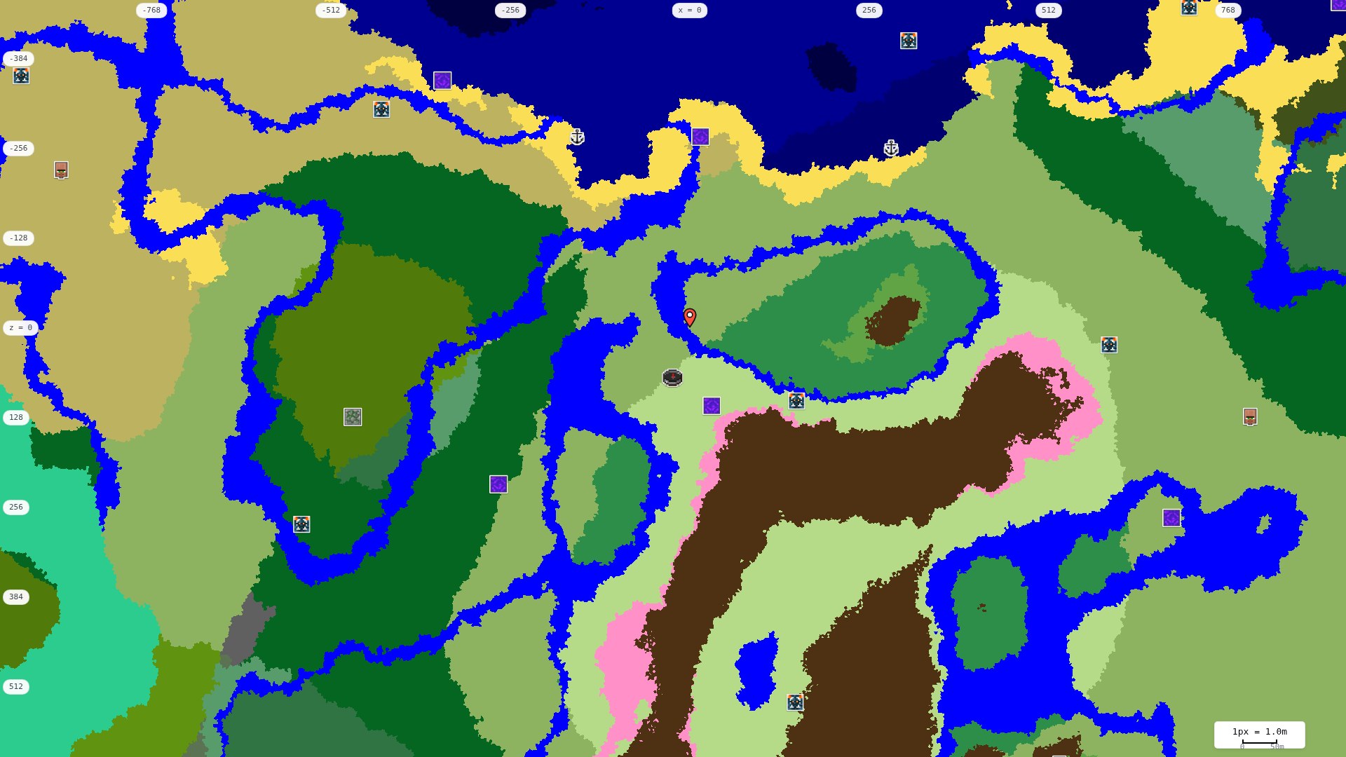 Top-down structures map: village, pillager outpost, ruined portal, shipwreck, woodland mansion, ocean monument, trial chambers, ancient city, desert pyramid, jungle temple, trail ruins