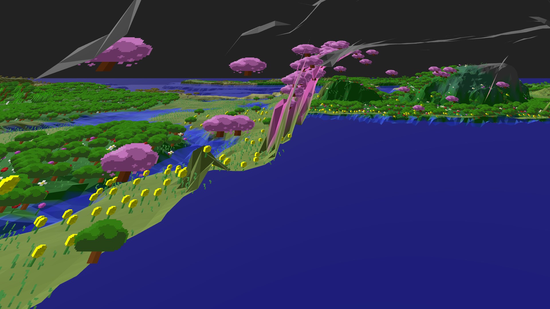 Near-horizontal 3D view from spawn looking at the surrounding terrain