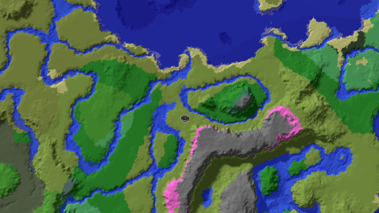 Aerial Minecraft seed map — Giant cherry grove lake with villages north and south [-6780892024819633590]
