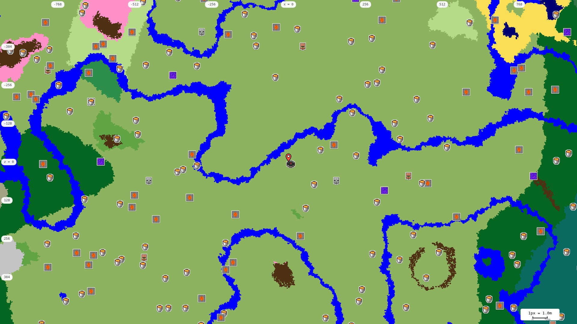 Top-down structures map: village, pillager outpost, ruined portal, shipwreck, woodland mansion, ocean monument, trial chambers, ancient city, desert pyramid, jungle temple, trail ruins