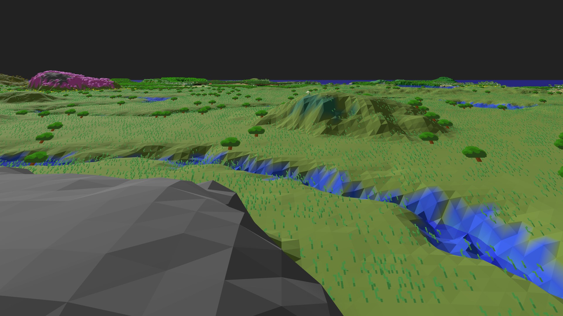 Near-horizontal 3D view from spawn looking at the surrounding terrain